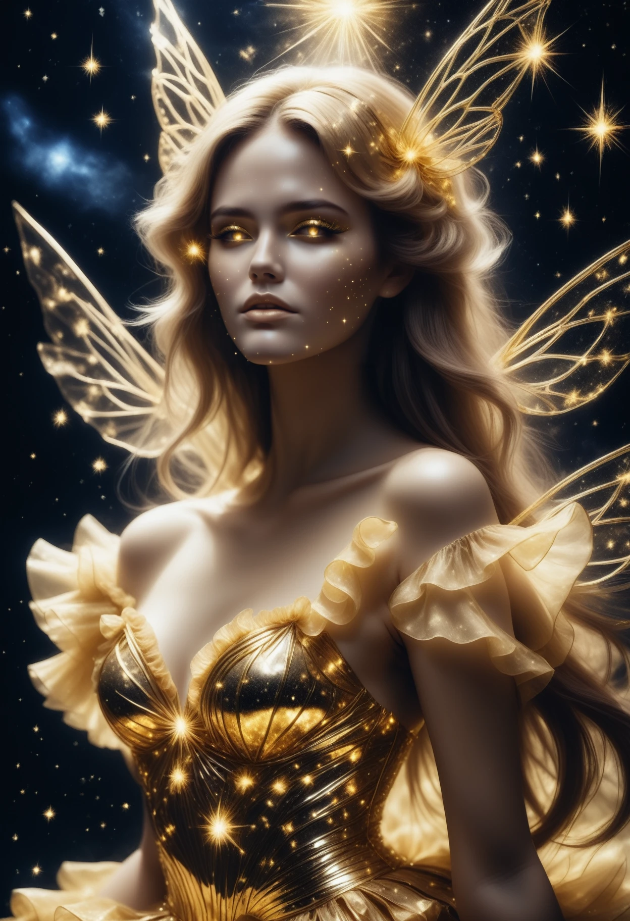 1woman in a golden ruffled dress, stardust, starHC, Haute Couture, <lora:starHC-000003:0.8> transparent wings, stardusted hair accessoire