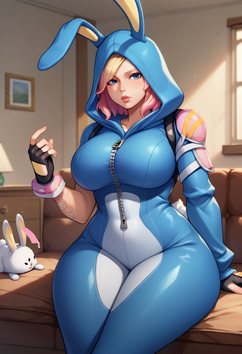 score_9,score_8_up,score_7_up BREAK <lora:penny10:0.9>,pennySDXL,1girl,short hair,blue eyes,pink hair,black gloves,fingerless gloves,blonde hair,lips,large breasts,thighs,curvy,wide hips,bodysuit,hoodie,zipper,animal hood,white,rabbit tail,arm tatto,rabbit hood,rabbit ears,cowboy shot,room,room background,sitting,