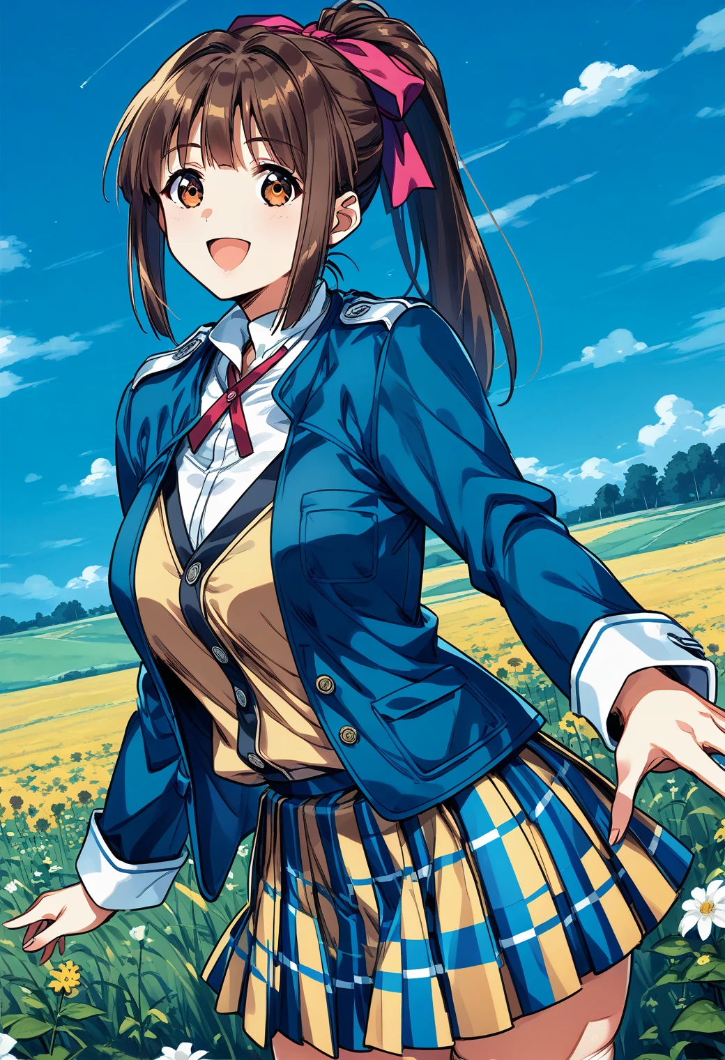 1girl, solo, (field:1.2), (sky:1.2), smile, (cowboy shot:1.2), large breasts, open mouth, 
doukoku_chisa, brown eyes, brown hair, long hair, ponytail, ribbon, hair ribbon, school uniform, vest,  blue jacket, long sleeves, pleated skirt, <lora:doukoku_chisa_pony_ver1:0.8>, score_9, score_8_up, score_7_up, source_anime, best quality, uncensored,