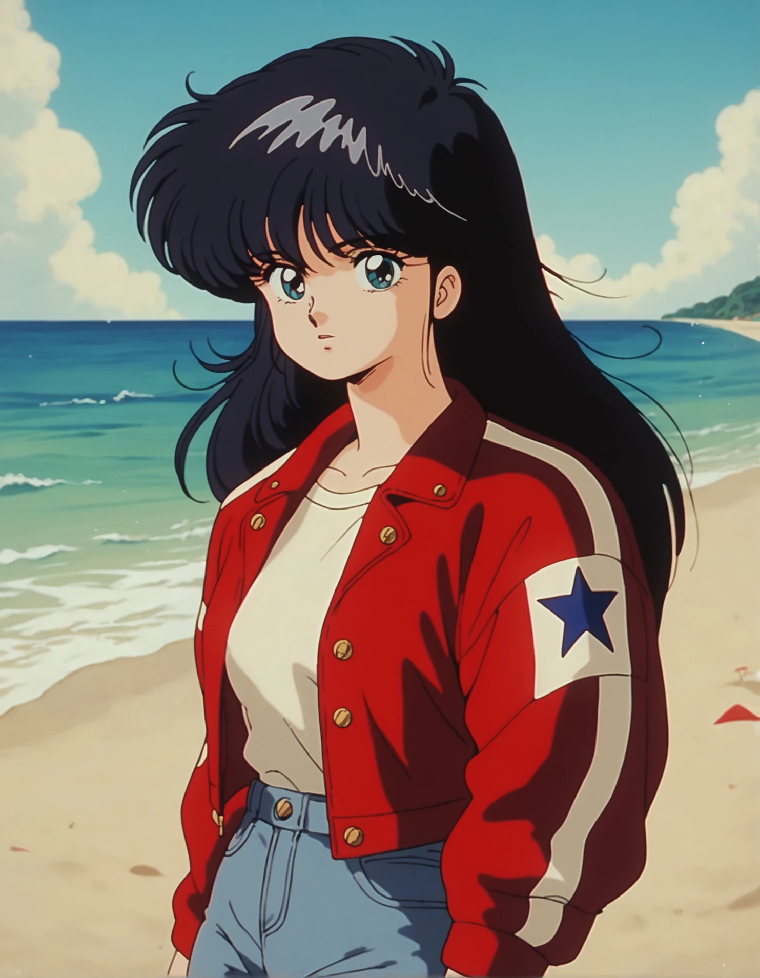 score_9, score_8_up, score_7_up,score_6_up,high resolution,digital art,mdk,1girl,solo,retro,black hair,long hair,red jacket,pants,sunny,at beach,looking at viewer,volumetric lighting,depth of field,upper body,front view,dynamic pose