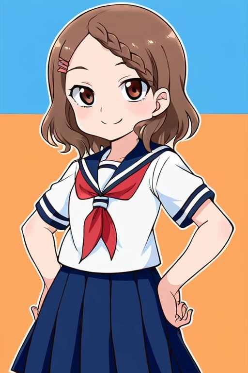 <lora:houjou:0.7> houjou, 1girl, solo, brown hair, serafuku, blue skirt, hands on hips, hairclip, smile,  simple background,