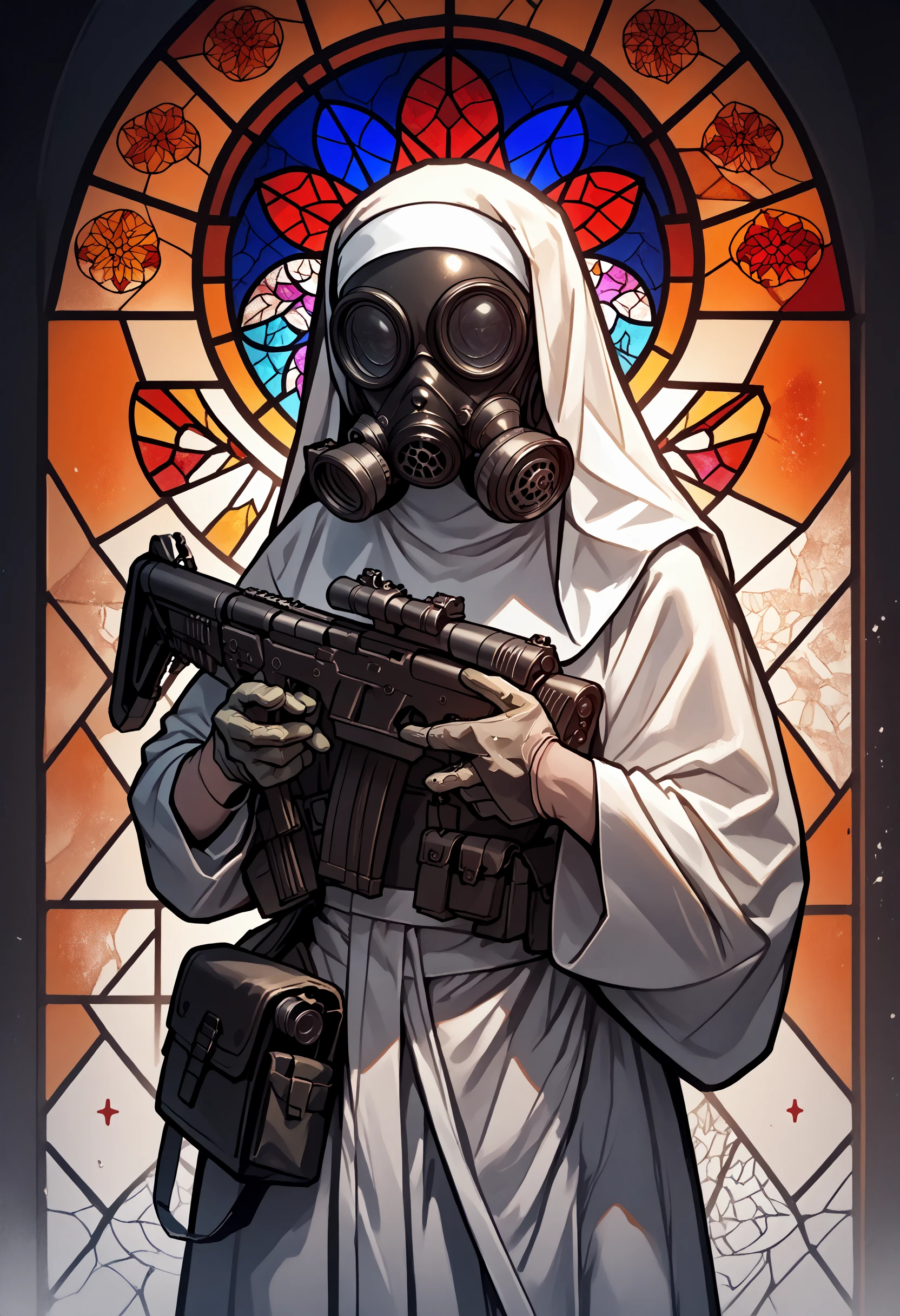 PonyXLV6_Scores BREAK EnD_Irreverant_Nuns, solo, gloves, holding, weapon, male focus, holding weapon, gun, mask, holding gun, rifle, pouch, robe, assault rifle, scope, gas mask, stained glass, nun, habit, <lora:Irreverent_Nuns:1>