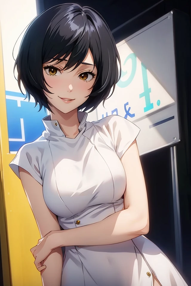 (JK_Mai_Zenin), solo, 1girl, bangs, short hair, black hair, brown eyes, smile, different actions, ((white shirt dress)),