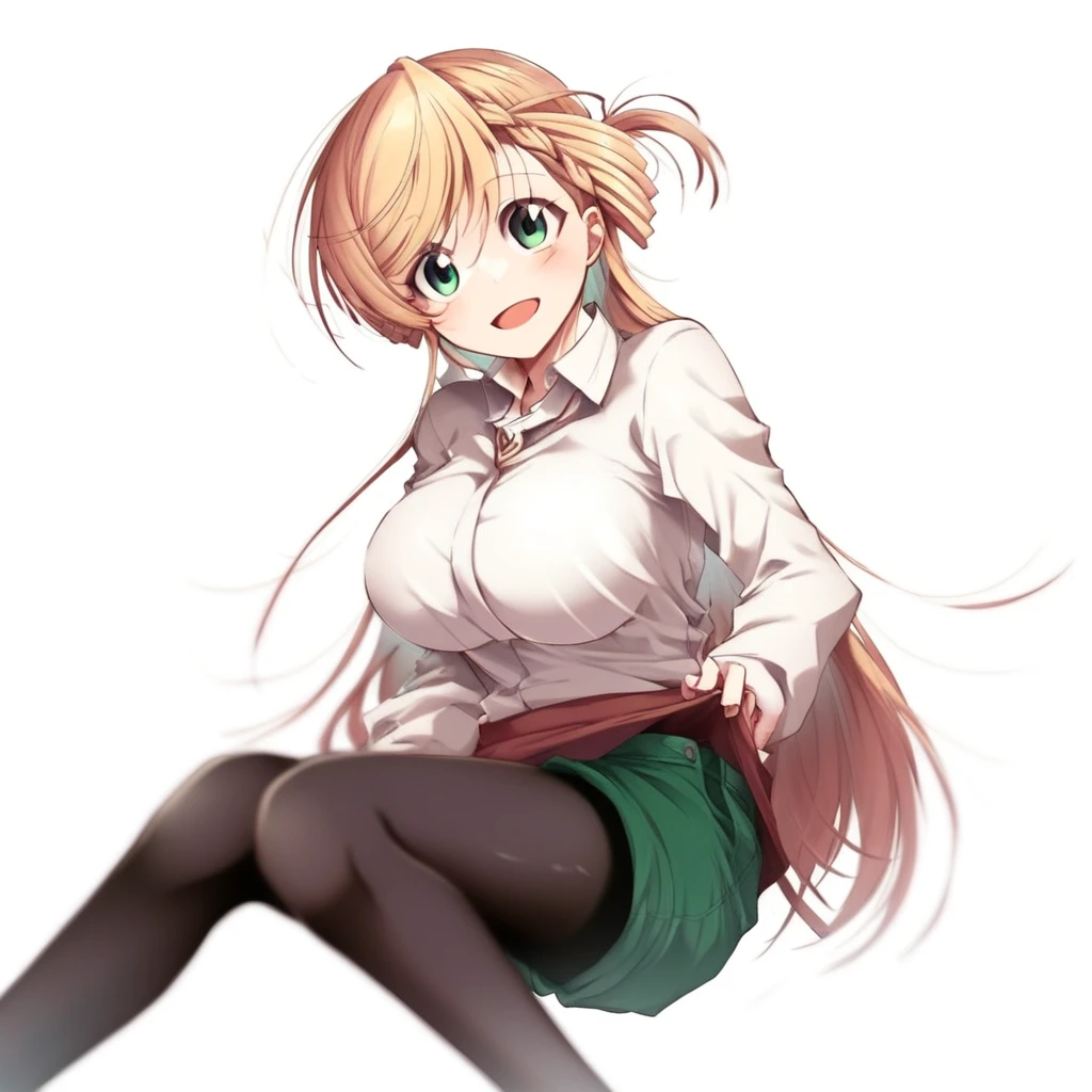 2d, anime, (score_9), (score_8_up), (score_7_up), (masterpiece), (best quality), (highly detailed), ((perfect face)), ((perfecteyes)), ((expressive face)), 1girl, solo, pantyhose, breasts, shorts, long hair, large breasts, blonde hair, shirt, green shorts, black pantyhose, looking at viewer, braid, smile, white shirt, sitting, open mouth, white background, long sleeves, bangs, blush, simple background, collared shirt, milford_rinna, 1girl, solo