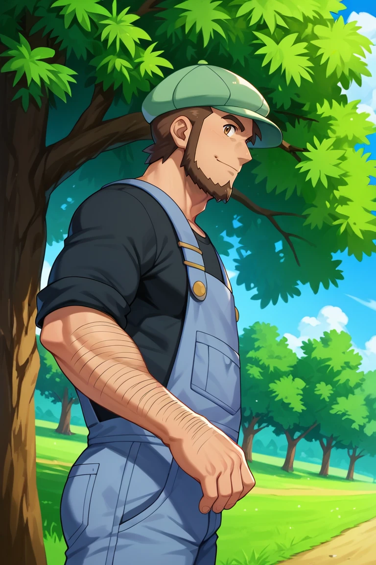 score_9, score_8_up, score_7_up, score_6_up, perfect anatomy, perfect proportions, best quality, masterpiece, high_resolution, high quality, aesthetic, absurdres, (male focus), solo male, Meyer, brown hair, short hair, brown eyes, facial hair, chinstrap beard, blue overalls, black undershirt, sleeves rolled up, cabbie hat, green hat, adult, mature, masculine, manly, handsome, charming, alluring, standing, upper body, ((dutch angle, view from below, from side)), look at viewer, cowboy shot, arm hair, photo background, outdoor, scenery, trees, Lumiose City\(Pokemon\)<lora:EMS-415885-EMS:0.800000>