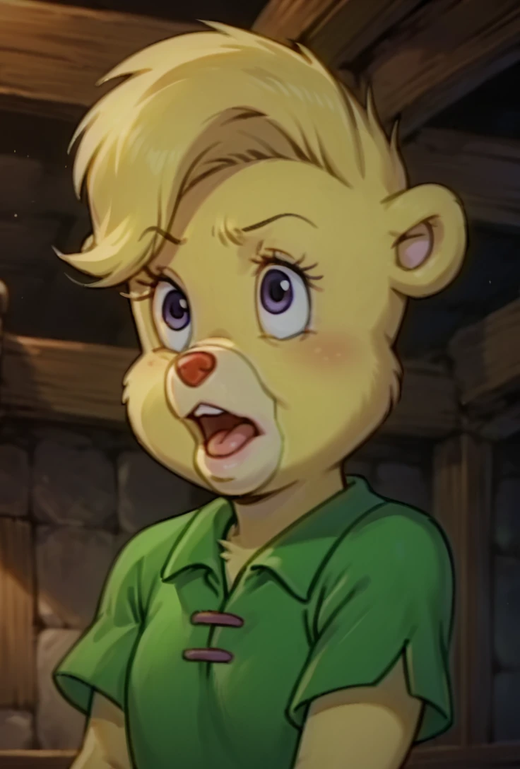 score_9, score_8_up, score_7_up, score_6_up, source_anime, highly detailed, Sunni Gummi, Sunni, solo, open mouth, shirt, 1girl, upper body, short sleeves, female focus, indoors, furry, green shirt, furry female, body fur, <lora:Gummi bears Beta:1>