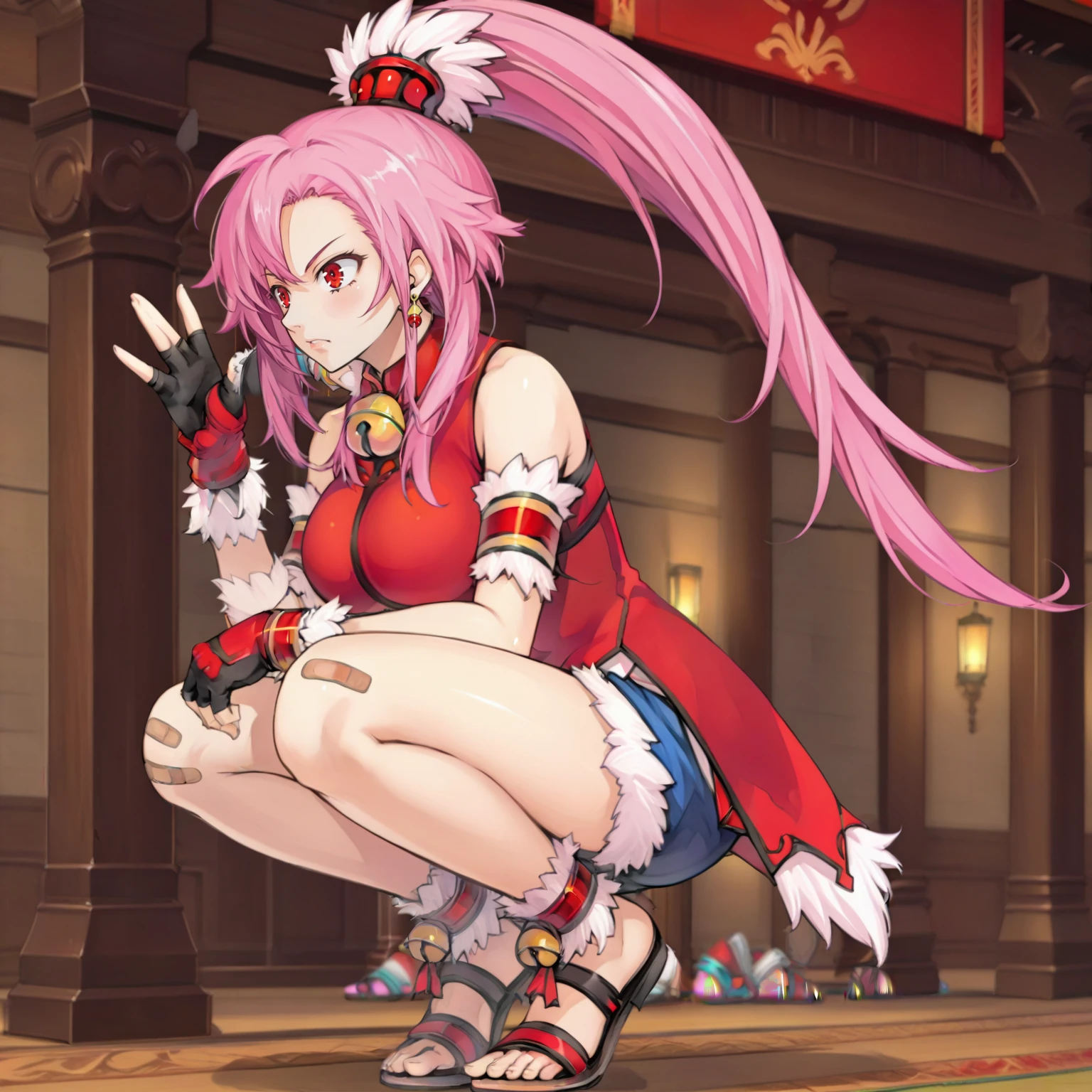 1girl, solo, squatting <lora:EtwardXLpony:1> Etward, red eyes, long hair, pink hair, ponytail, hair ornament, earrings, neck bell, bare shoulders, fur trim, wrist bands, ankle bands, sleeveless dress, big breasts, armband, blue shorts, sandals, fingerless gloves, bandaid on knee,