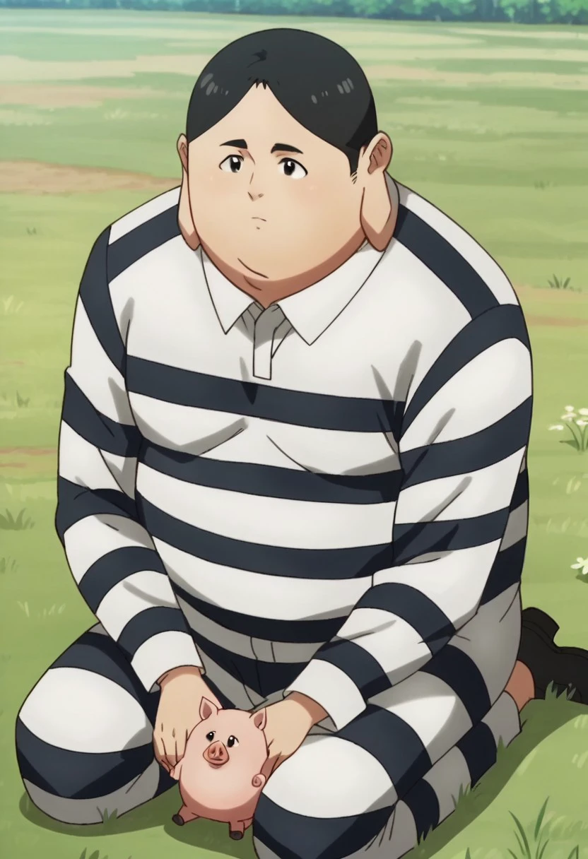 score_9, score_8_up, score_7_up, source_anime, rating_safe, Reiprison, 1boy, male focus, anime screencap, prison wear, collared white striped-shirt, white striped pants, sitting, cute, outdoors grass, pigs, wild Andre found escaped