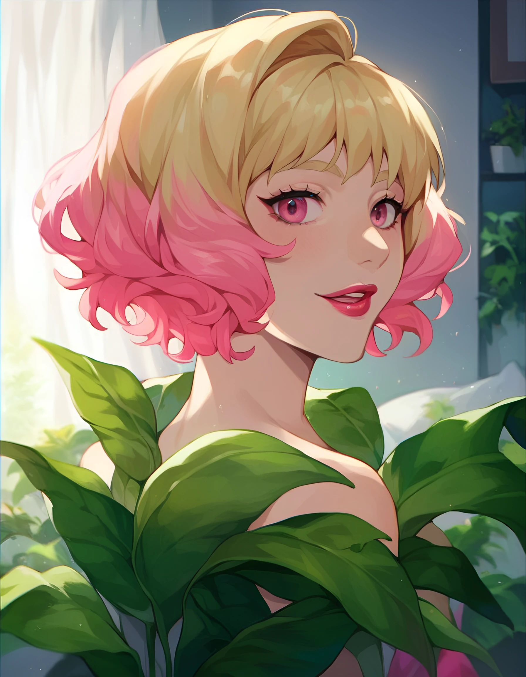 score_9, score_8_up, score_7_up, score_6_up, score_5_up, score_4_up, rating_safe, source_anime, sofia louis 1girl, solo, short hair, blonde hair, pink hair, multicolored hair, pink eyes, gradient hair, makeup, lipstick, pink eyes, bedroom,, blonde eyebrows,well drawn, plants, decorative 