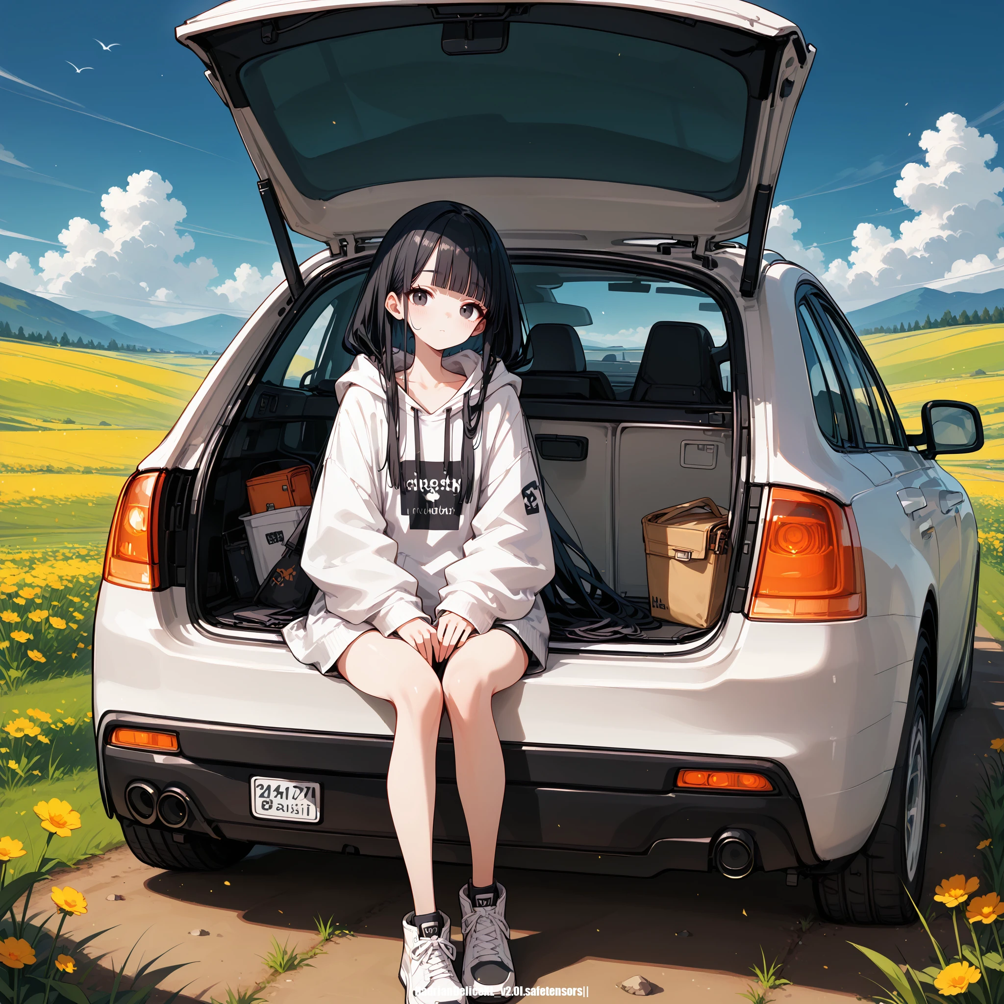 score_9,score_8_up,score_7_up,score_6, ,, hadrian,hd5,car_trunk,front view,straight-on,1girl,solo,sitting on car_trunk,slim,blunt bangs, field,cloud,black hair,black eyes,very long hair,oversized hoodie,arm support,elegance,full body,