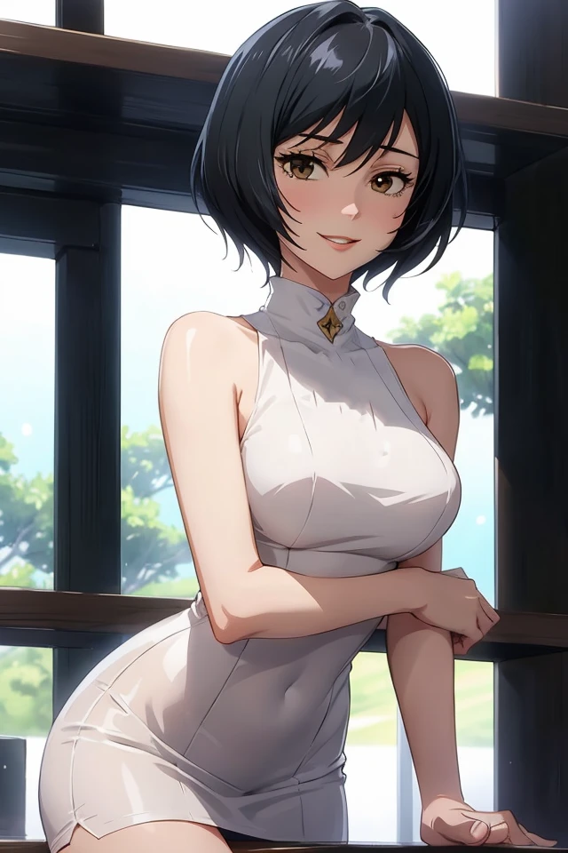 (JK_Mai_Zenin), solo, 1girl, bangs, short hair, black hair, brown eyes, smile, different actions, ((white shirt dress)),