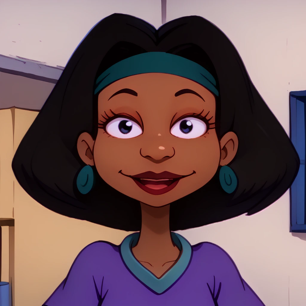 <lora:Lucy_Carmichael_-_Rugrats_-_1992-10:1.25>lucy_carmichael, 1girl, dark-skinned female, black hair, short hair, lipstick, blue headband, earrings, purple dress with blue collar, solo, jewelry, dark skin, blue waist belt, short sleeves, purple dress, hairband, headband, dress, belt, makeup, smile, upper body, portrait, mouth open, face focus, looking at viewer,, source_cartoon, score_9, score_8_up, score_7_up,