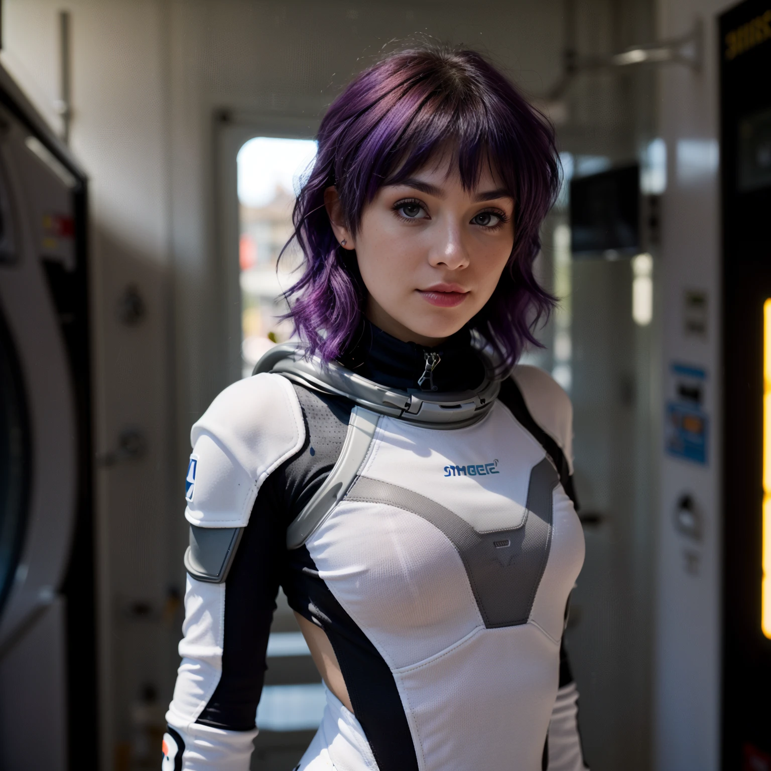 woman, shaggyMullet, photograph, from front, looking at viewer, natural light, subject, 8k uhd, dslr, purple hair, bright eyes, wearing  Space explorer suit with high-tech gadgets, model pose, medium hair,
<lora:concept_hair_shaggyMullet_sd15_v5-shaggyMullet-000010:0.9>