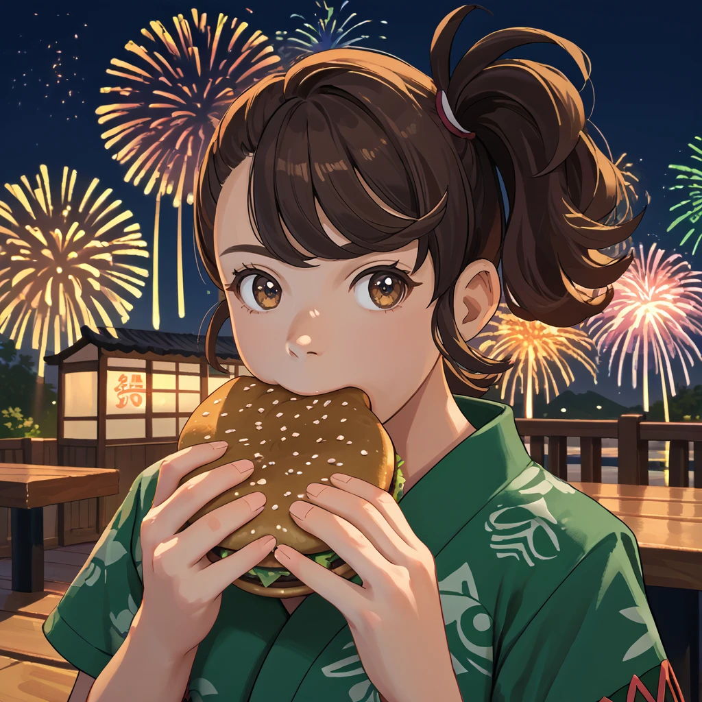 score_9, score_8_up, score_7_up, source_anime, upper body, solo focus, 1girl, julianateal, jermaWhopper, eating, burger, looking at you, side ponytail, brown eyes, japanese clothes, green shirt, print shirt, green kimono, short sleeves, outdoors, fireworks <lora:pokemon_juliana_ponyXL:1> <lora:jermawhopper-pdxl-nvwls-v1:1>