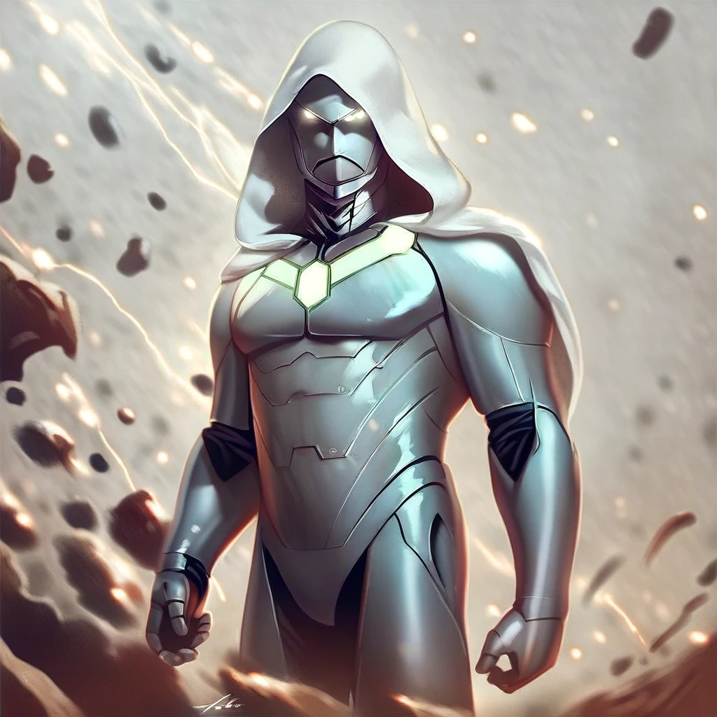 source_comics, source_marvel, source_cartoon, score_9, score_8_up, score_7_up, infamous iron man, white hood, silver helmet, angular faceplate, glowing eyes, power armor, silver armor, silver armor with gold accents