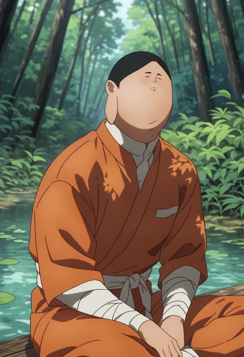 score_9, score_8_up, score_7_up, source_anime, rating_safe, Reiprison, 1boy, male focus, anime screencap, closed eyes, monk, monk outfit, orange robes, outdoors blurry forest, sitting under sunspot, tranquil composition, leaves, wood, water, even in other clothes he looks like a prisoner T_T