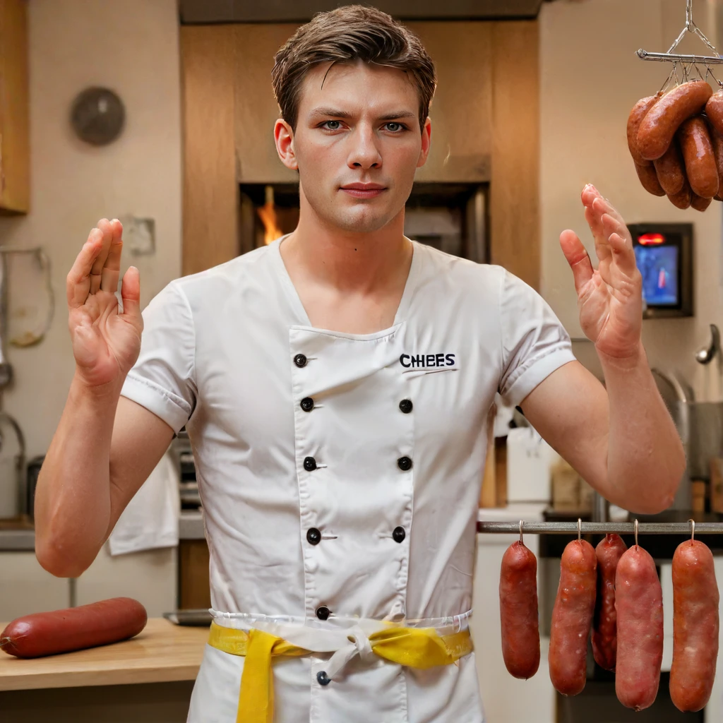 rickdonovan in a chef outfit with arms up and palms open, smoked sausage on a kitchen table in the background, rickdonovan in a chef outfit with arms up and palms open, smoked sausage on a kitchen table in the background, sacred, dramatic, detailed, intricate, elegant, highly color spread, holy, sharp focus, extremely fine detail, cinematic light, shining, great still, attractive, delicate, artistic, appealing, epic, stunning, gorgeous, modern, shiny, brilliant