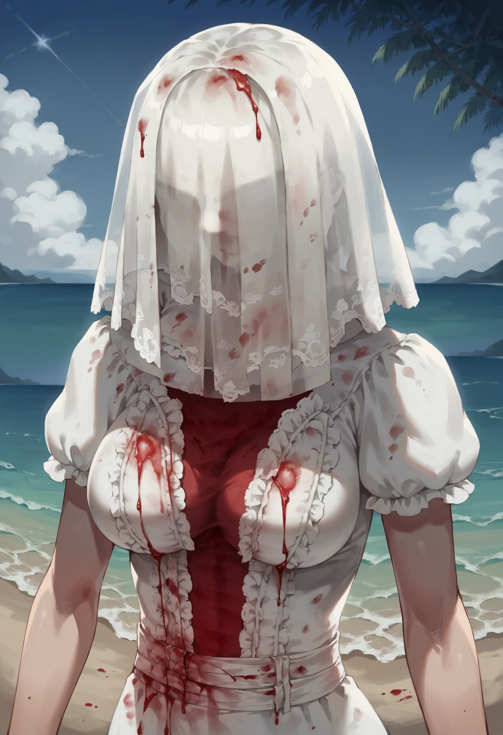 score_9, score_8_up, score_8, source_anime, 1girl, <lora:TheNurseDBD_r1:0.8> solo, large breasts, eyeless, faceless, veil, wedding dress, short sleeves, upper body, blood, blood on clothes, excessive blood,
beach, ocean, sunshine, day time, outdoors,,