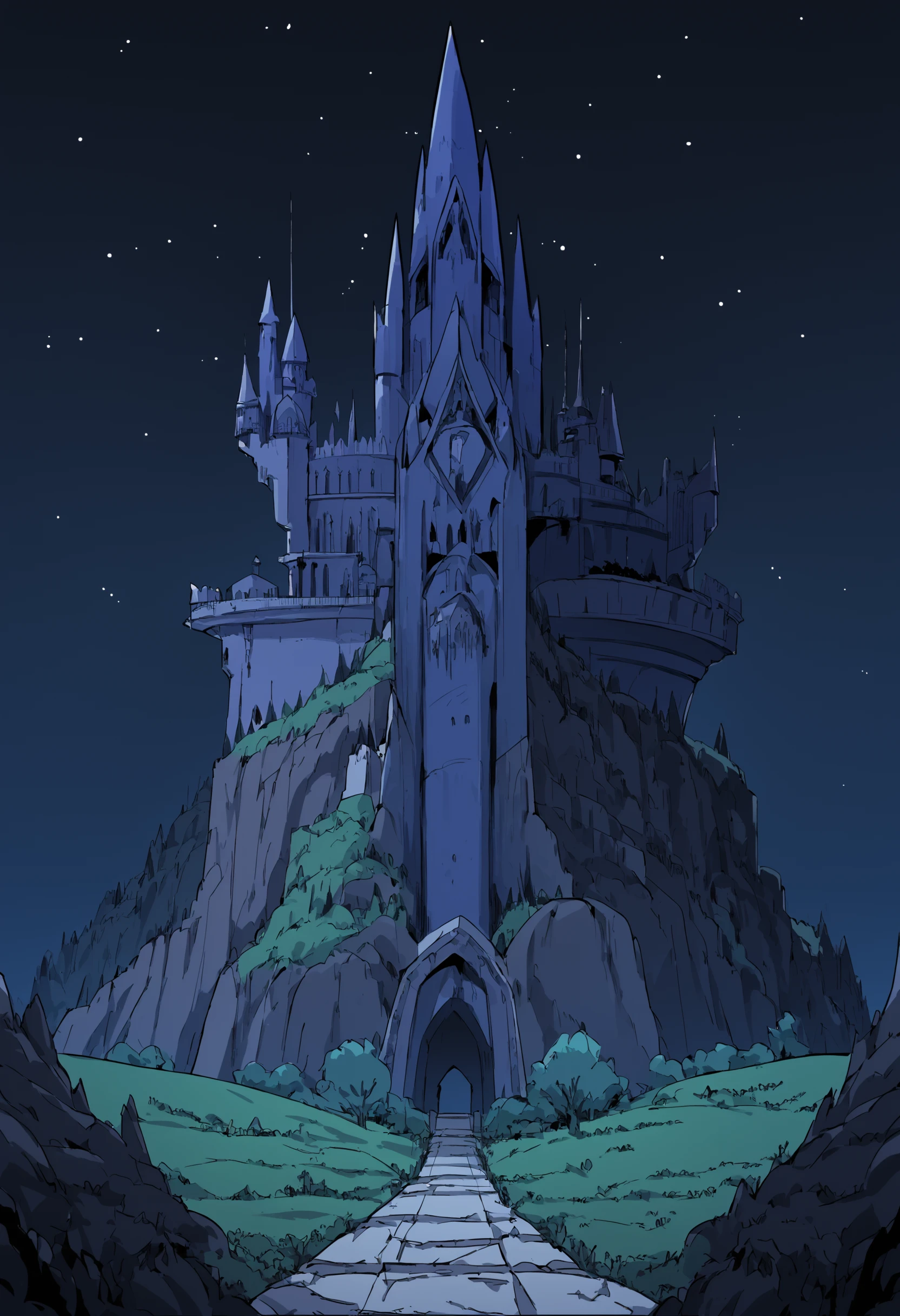 score_9, score_8_up, score_7_up, giant ominous gothic castle, mountain cliff, landscape, masterpiece, melancholy, sad, depressing, at night, dark, [[moon]], stars, stone path leading up to a gothic castle, ominous shadowy figure,
 <lora:scav3ngersV4_epoch_1:1.8>