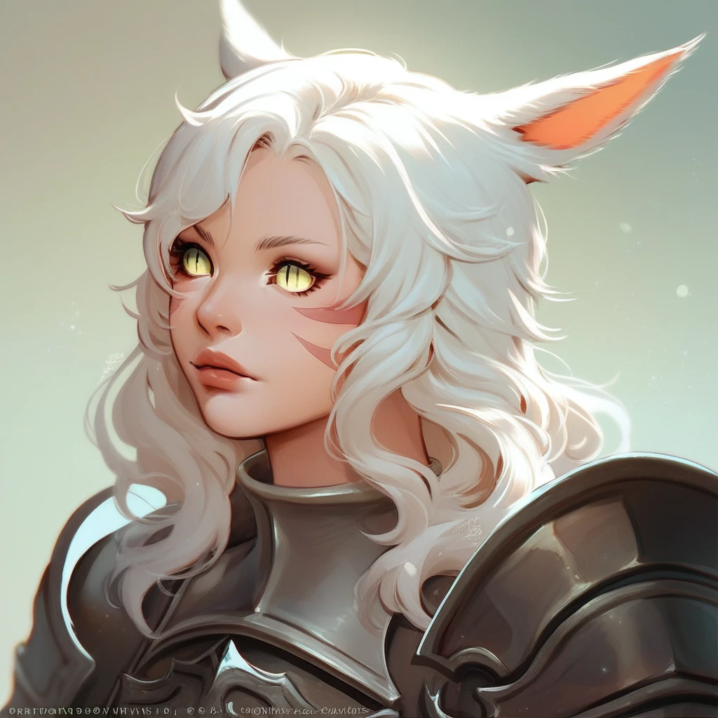 FemmeMiq, 1girl, solo, long hair, animal ears, green eyes, yellow eyes, upper body, white hair, cat ears, armor, lips, watermark, facial mark, slit pupils, shoulder armor, miqo'te, score_9, score_8_up, score_7_up, score_6_up, score_5_up, score_4_up,