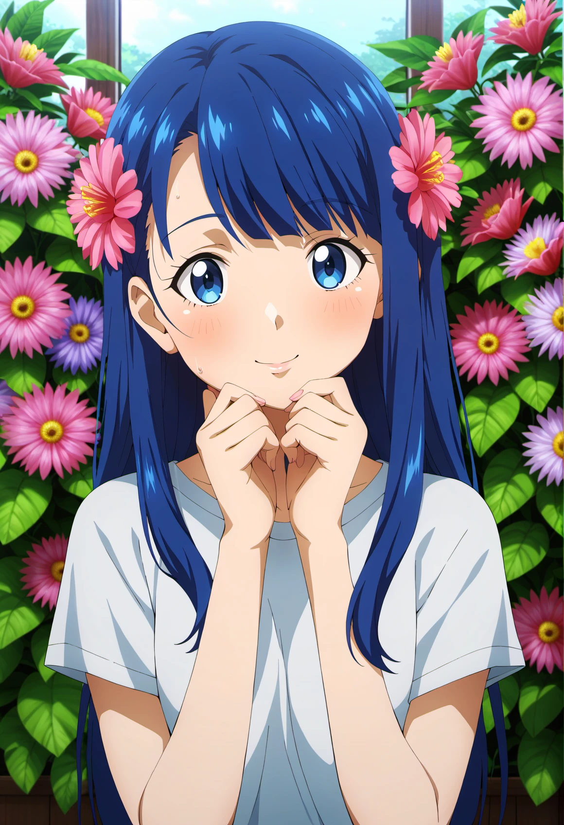 score_9, score_8_up, score_7_up, score_6_up, score_5_up, score_4_up, anime coloring, rating_questionable BREAK
masterpiece, best quality, very aesthetic, absurdres BREAK
dewy skin, perspiration on the skin,skin texture, fine lines, pores, natural imperfections,light reflections, glossy skin, shiny skin, megami magazine BREAK
1girl, indoors , blue eyes, blue hair, blurry, blurry background, blush, closed mouth, day, flower, glasses, grey shirt, hair flower, hair ornament, hands up, long hair, looking at viewer, outdoors, pink flower, shirt, smile, solo