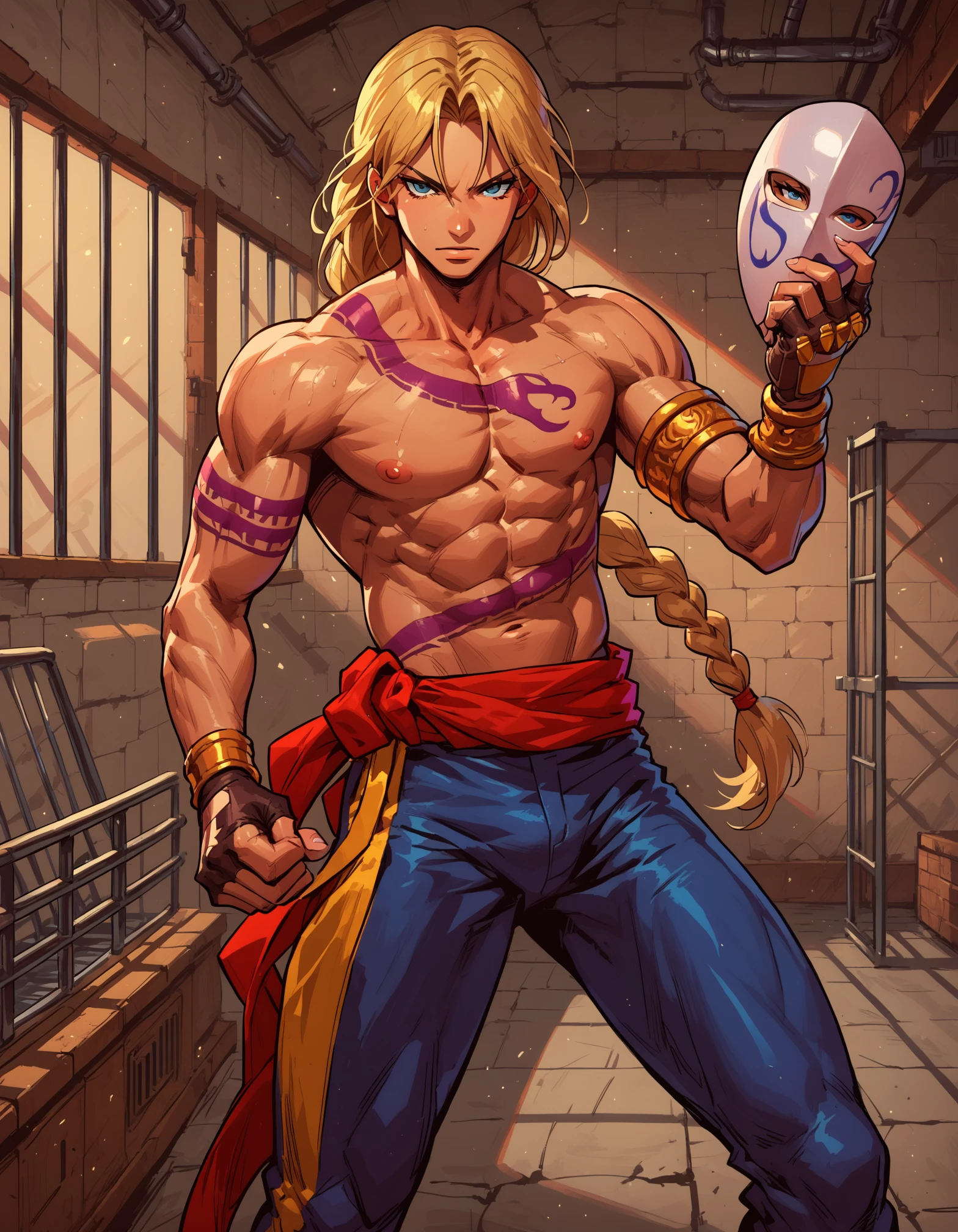 score_9, score_8_up, score_7_up, anime_source, BREAK, 
masterpiece, best quality, 1boy, androgynous,  <lora:vega_street_fighter:0.7> vega_stfi, long blonde hair, blonde long single braid , mask, single fingerless glove,  claw (weapon), topless male, tattoo, pants_belt, pants, looking at viewer, cage, factory, indoors, (fighting stance),  <lora:g4n1m3XLP:0.7> g4n1m3