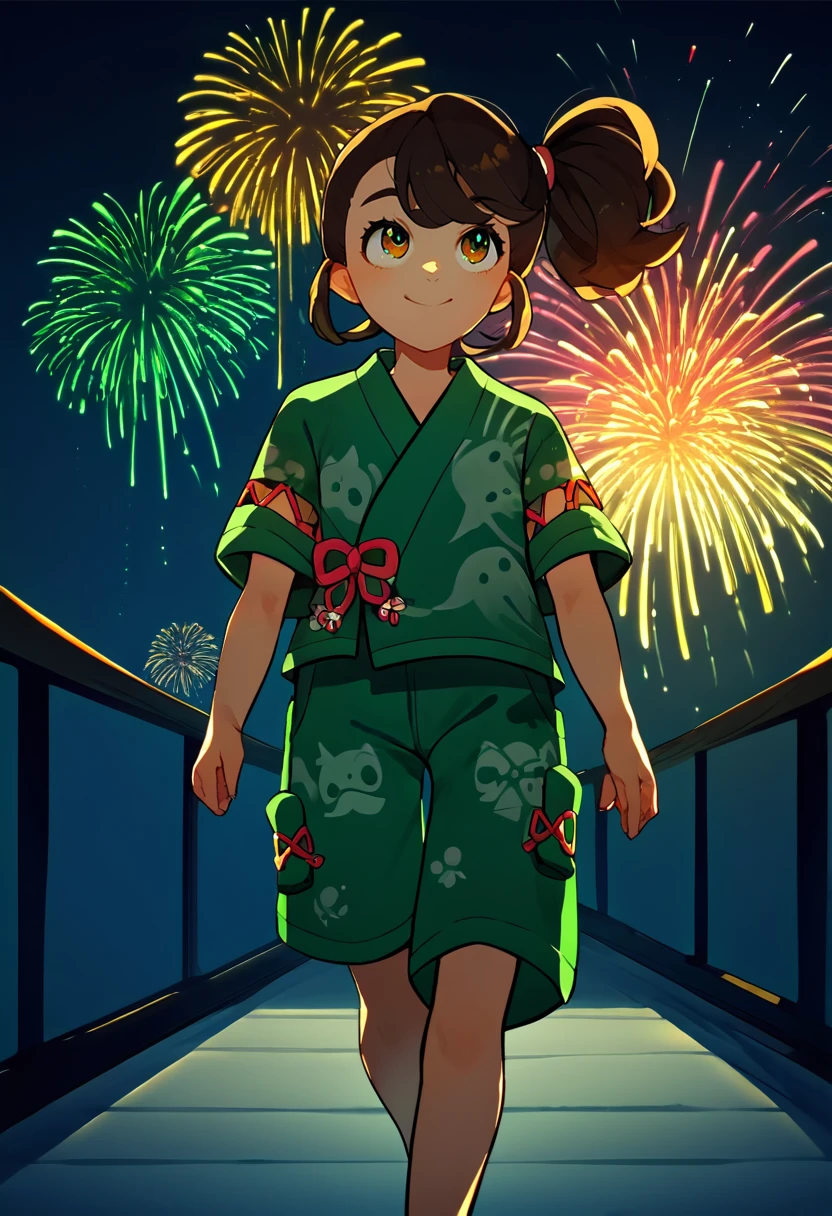 score_9, score_8_up, score_7_up, source_anime, solo, 1girl, julianateal, smile, looking up, walking, side ponytail, japanese clothes, green shirt, print shirt, green kimono, short sleeves, green shorts, fireworks <lora:pokemon_juliana_ponyXL:1>