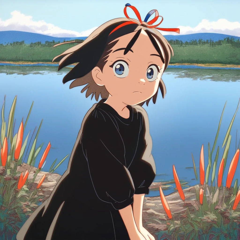 score_9, solo, kiki, short hair, hair ribbon, blue eyes, black dress, outdoors, lake