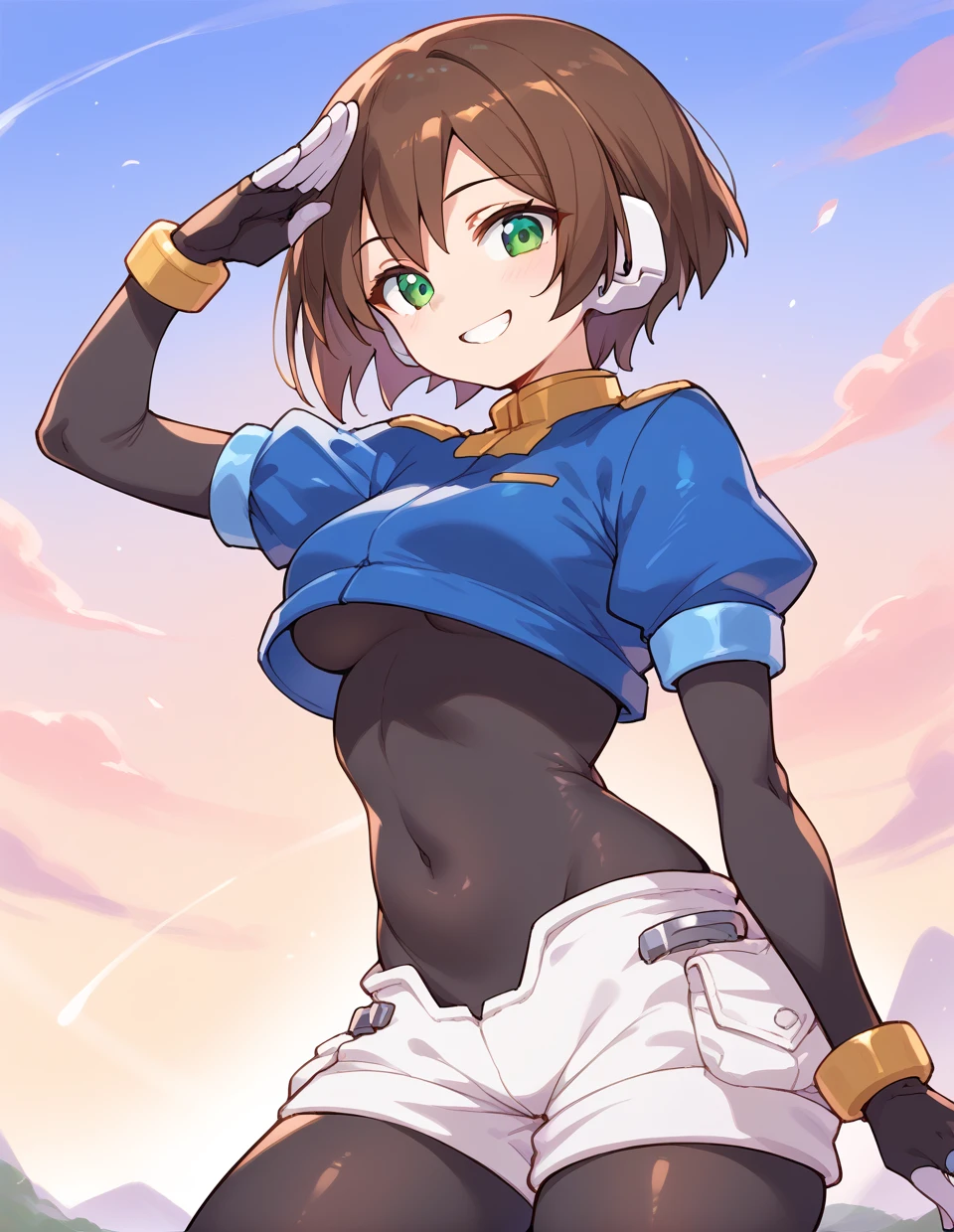 1girl,<lora:aile(megaman)_pony:1>,ailezx,green eyes,brown hair,robot ears,short hair,medium breasts,small breasts,
cropped jacket,blue jacket,short sleeves,layered sleeves,gloves,bodysuit,bodystocking,legwear under shorts,shorts,short over long sleeves,
smile,salute,sky,, score_9,score_8_up,score_7_up,score_6_up,score_5_up,score_4_up,