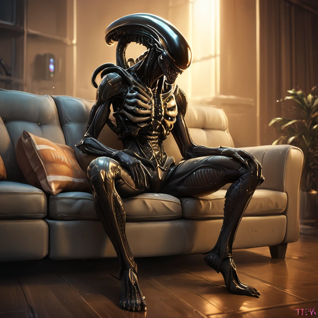 score_9, score_8_up, score_7_up, score_6_up, score_5_up, score_4_up, source_anime,  Xenomorph, alien, sitting, couch, watching tv,