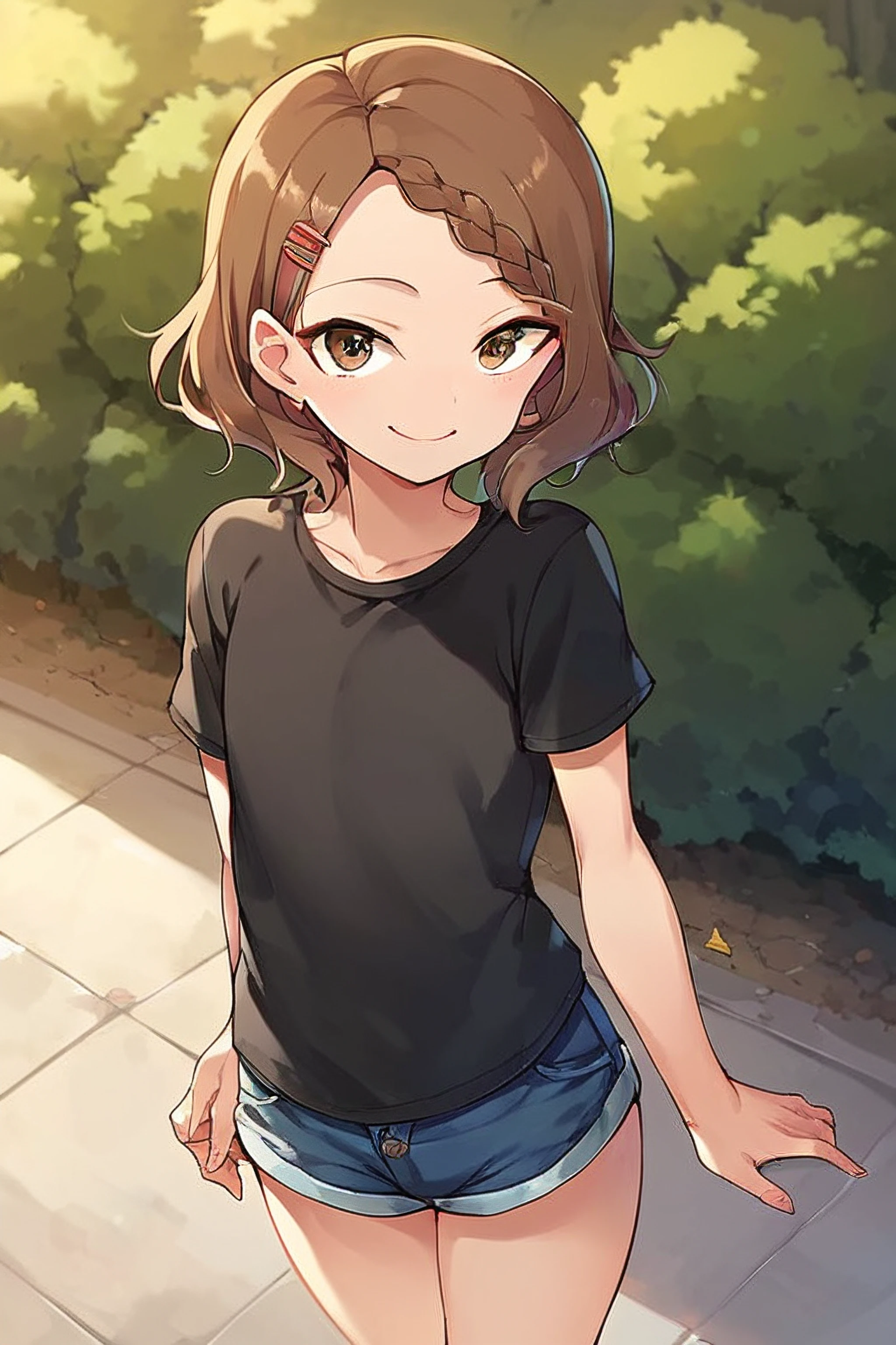 score_9, score_8_up, score_7_up, score_6_up, score_5_up, score_4_up <lora:houjou:0.7> houjou, 1girl, solo, brown hair, flat chest, black shirt, denim shorts, hairclip, smile, park, outdoors