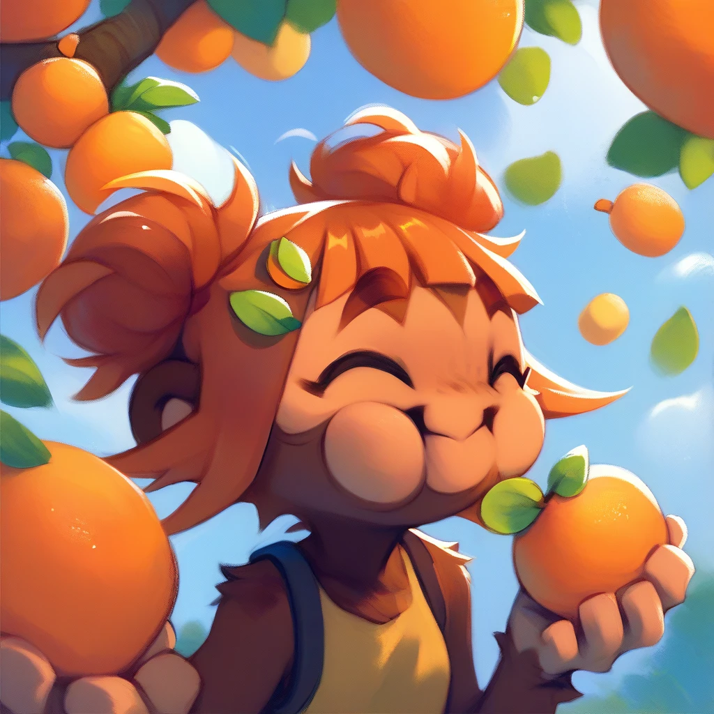 score_9, score_8_up, score_7_up, score_6_up, score_5_up, score_4_up, rosalia, anthro monkey, cute, happy, holding orange, eating orange, eyes closed, orange juice dripping from chin, outside, orange tree, happy <lora:rosalia:1>