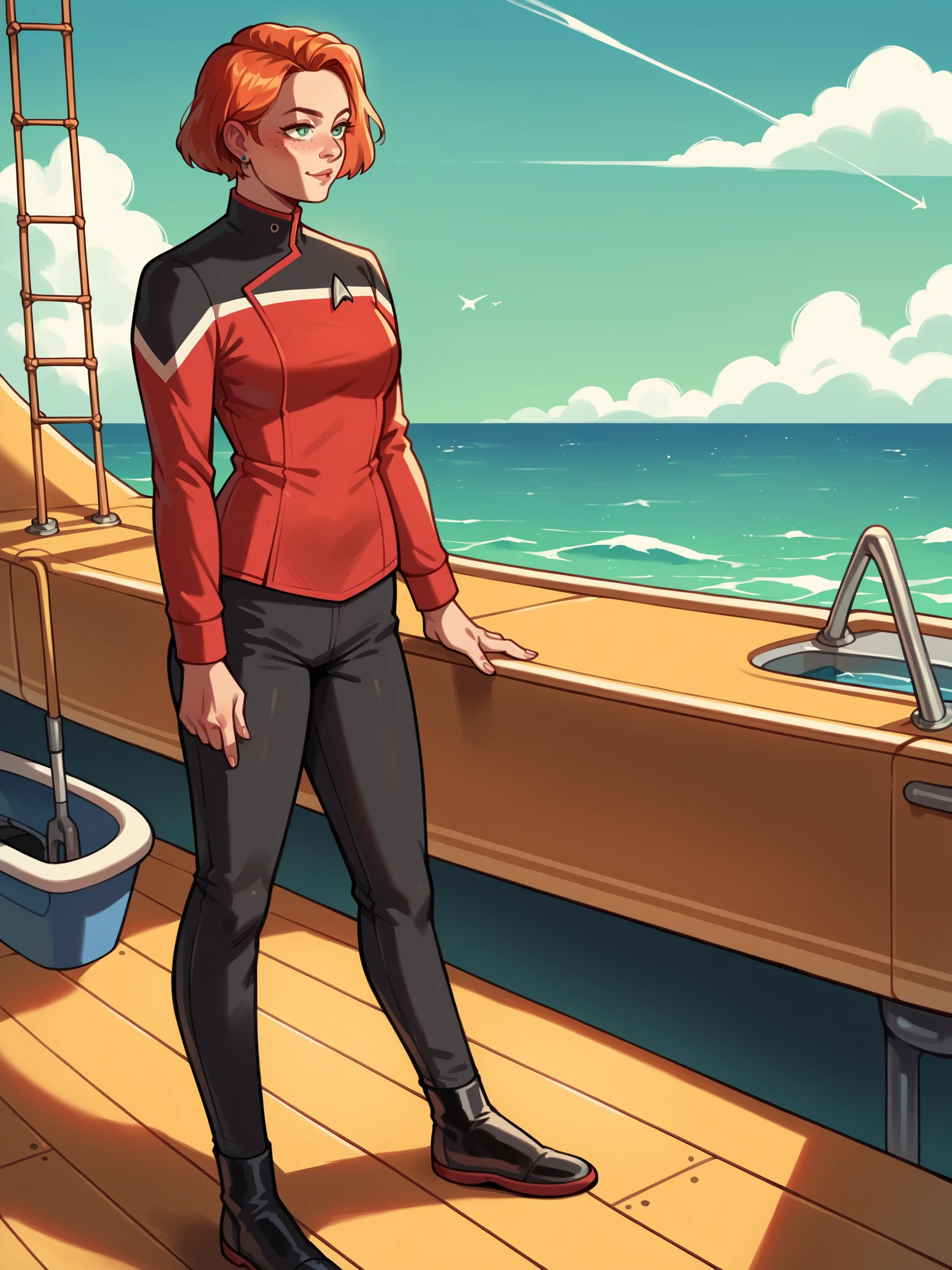 score_9, score_8_up, score_7_up, score_6_up, score_5_up, source_cartoon,1girl in sttldunf  star trek black and red uniform standing on a boat,black pants, ginger older lady,short hair,long sleeves,looking<lora:STTLPony:0.8>