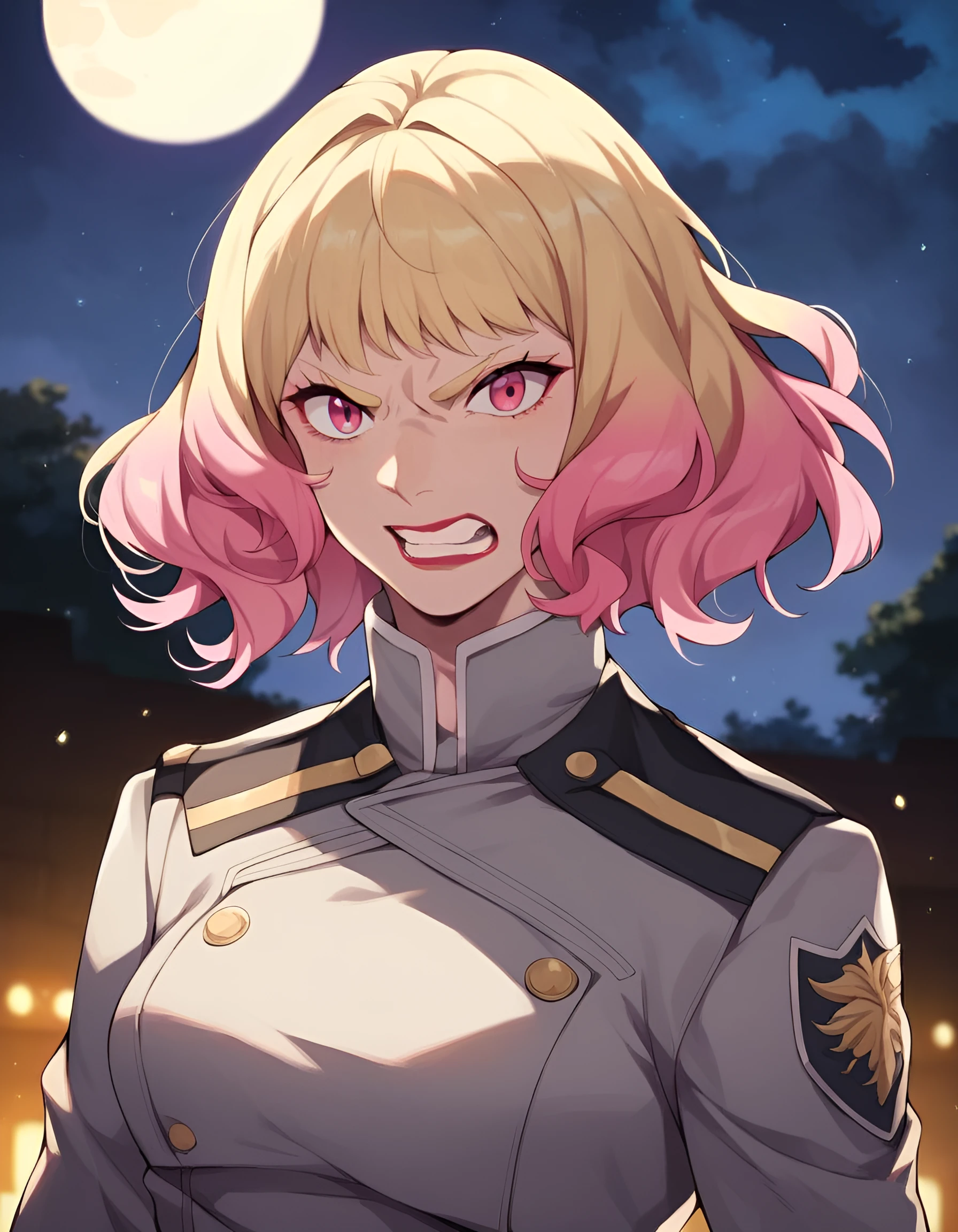 score_9, score_8_up, score_7_up, score_6_up, score_5_up, score_4_up, rating_safe, source_anime, sofia louis 1girl, solo, short hair, blonde hair, pink hair, multicolored hair, pink eyes, gradient hair, makeup, lipstick, pink eyes, bedroom,, blonde eyebrows, grey military uniform, medium breasts, outdoors, night, moon, mad, angry