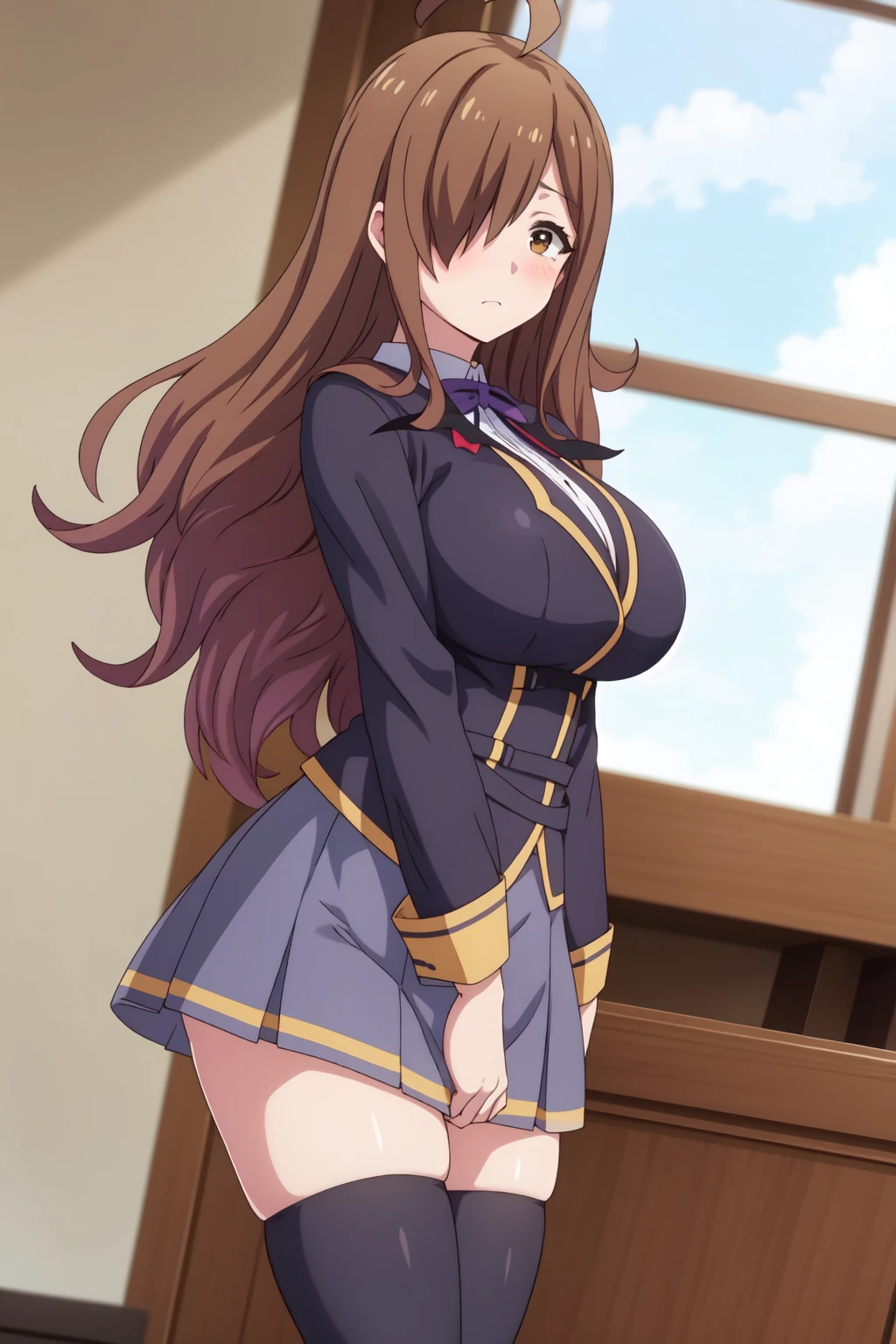 ((Tabletop, highest quality, High resolution, , Pixel Perfect, 4K, ))), Beautiful woman,, alone, beauty、The whole body is visible、 (((y Witch Cosplay), Long dark blonde wavy hair、Off-the-shoulder jacket, Dark blue flared skirt、Witch Hat、, bangs, )), ((Brown eyes, Beautiful eyelashes, Realistic eyes)), ((Detailed face, Blushing:1.2)), ((Smooth texture:0.75, Realistic texture:0.65, Realistic:1.1, Anime CG Style)), Center of chest, Dynamic Angle, Perfect body, ((,)), 、、、Very embarrassing panic smile, 、Castle Town Square、Sit on a chair、Spread your legs、Get on one knee、(Roll up the skirt with both hands、、, Pink lace pane in full view、、、、、)、Angle from below