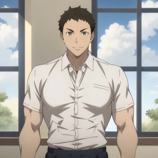 daichi, toned, smile, shirt, 1boy, white shirt, sky, cloud, window, collared shirt, indoors, upper body, male focus, muscular, abs, pectorals, muscular male, large pectorals