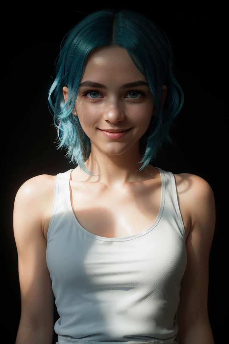 a beautiful blue haired girl, long messy hair, beautiful detailed deep green eyes,  shy smile, small breasts, ((white tank top)), upper body view, 
(masterpiece:1.2), (best quality:1.2), ultra-detailed, best shadow, detailed background, high contrast, (best illumination, an extremely delicate and beautiful), ((cinematic light)), hyper detail, dramatic light, intricate details, 8k,  very aesthetic,