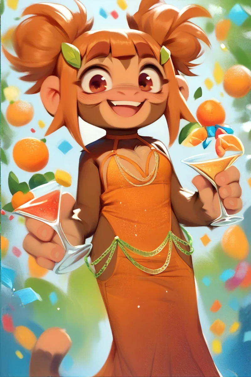 score_9, score_8_up, score_7_up, score_6_up, score_5_up, score_4_up, rosalia, anthro monkey, cute, happy, orange albedo dress with green chains, party, holding martini glass full of orange juice <lora:rosalia:1>  <lora:AlbedoDress:1>