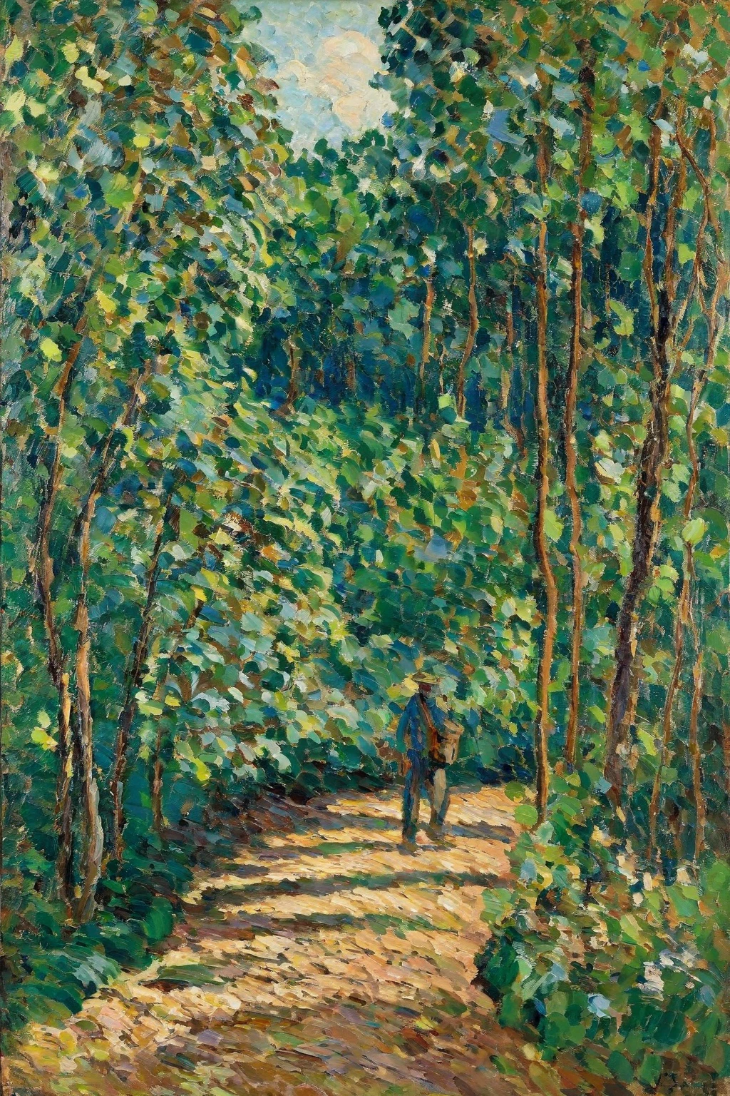 Impressionism, Pissarro,
The image appears to be a painting, possibly from the Impressionist era, given the visible brush strokes and the depiction of nature. The subject is a man walking on a path amidst a forest, with a small house or cabin in the background. The color palette is dominated by various shades of green, representing the trees and foliage, with hints of blue and brown. The composition is balanced, with the man serving as a focal point amidst the expansive forest. The image quality is relatively high, capturing intricate details of the brush strokes and the play of light and shadow.