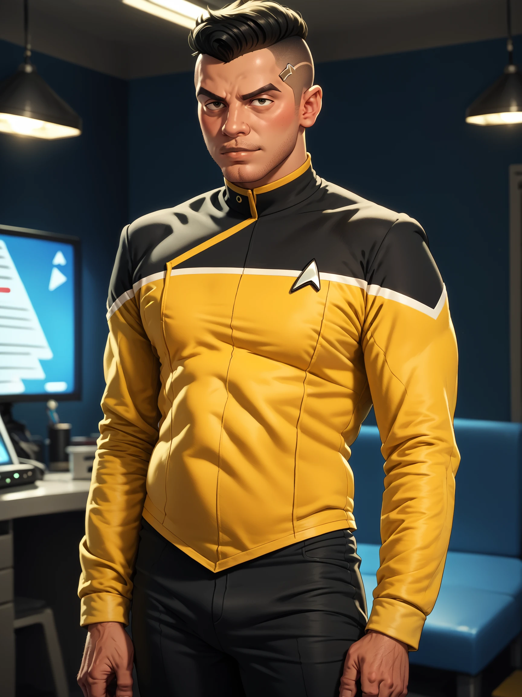 score_9, score_8_up, score_7_up, score_6_up, score_5_up,solo, man in sttldunf  star trek uniform ,yellow sleeves,black shoulders,black pants, in a room,buzzcut<lora:STTLPony:0.8>