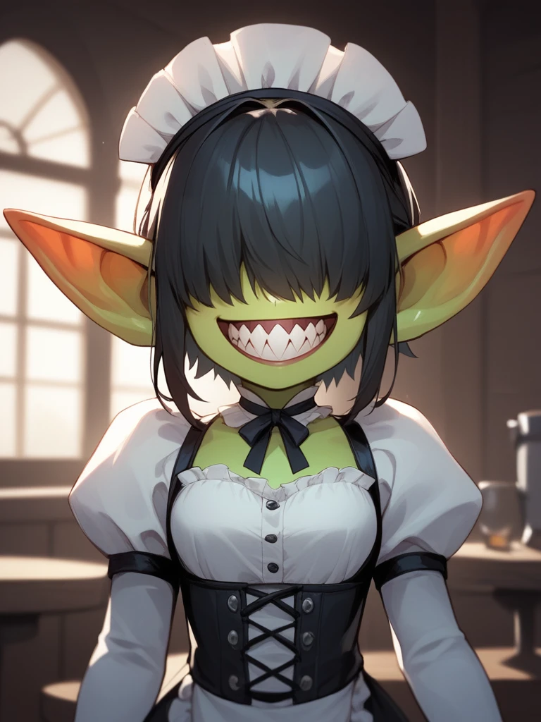 Score_9, score_8_up, score_7_up, score_6_up,  source_anime, 1girl, solo, cowboy shot, upper body,  looking at viewer, tavern backdrop, BREAK, grin, goblin girl, hair covering eyes, barmaid dress
BREAK,  big teeth, sharp teeth, BREAK,, <lora:Concept_Chompers:1>