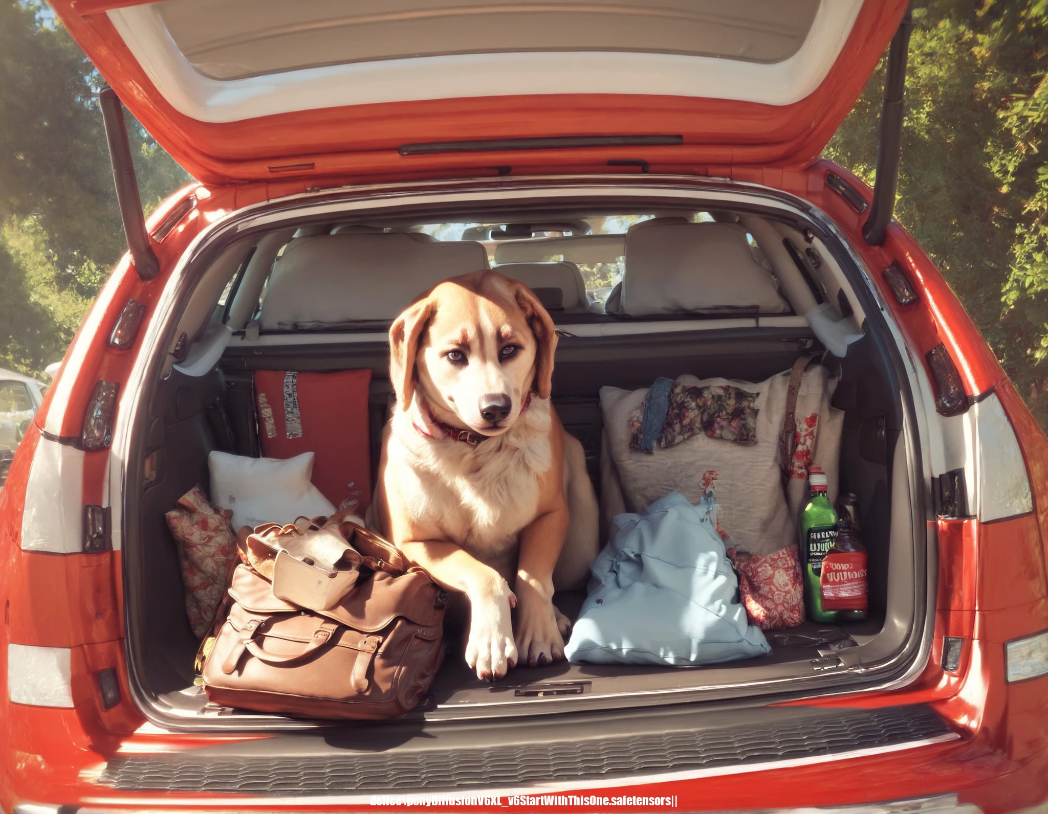 score_9,score_8_up,score_7_up,score_6, ,, photorealistic, realistic, hd5,car_trunk,a dog,bag,box,bottle,, barefoot,looking at viewer,