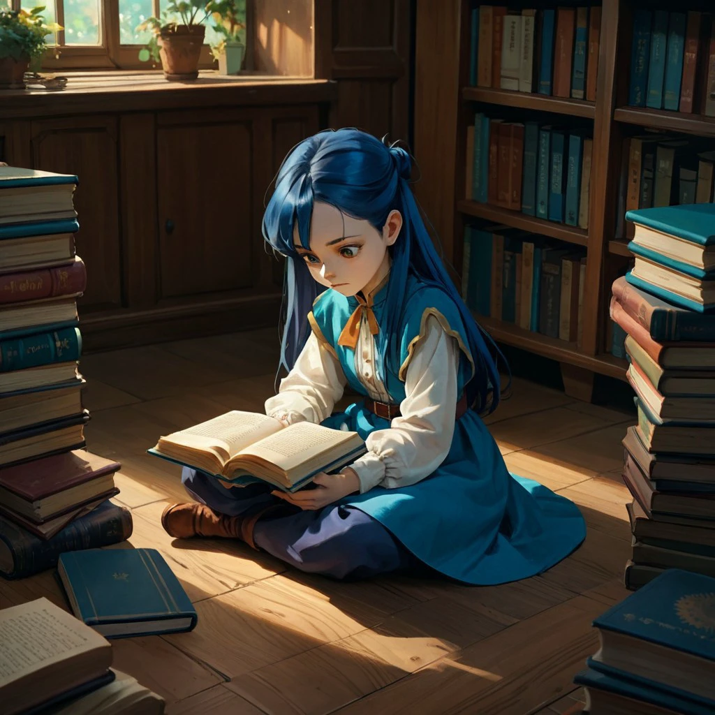 score_9, score_8_up, score_7_up, score_6_up, score_5_up, score_4_up, rating_safe, source_anime, 1girl, long hair, myne, blue hair, sitting on the floor, reading a book, surrounded by books