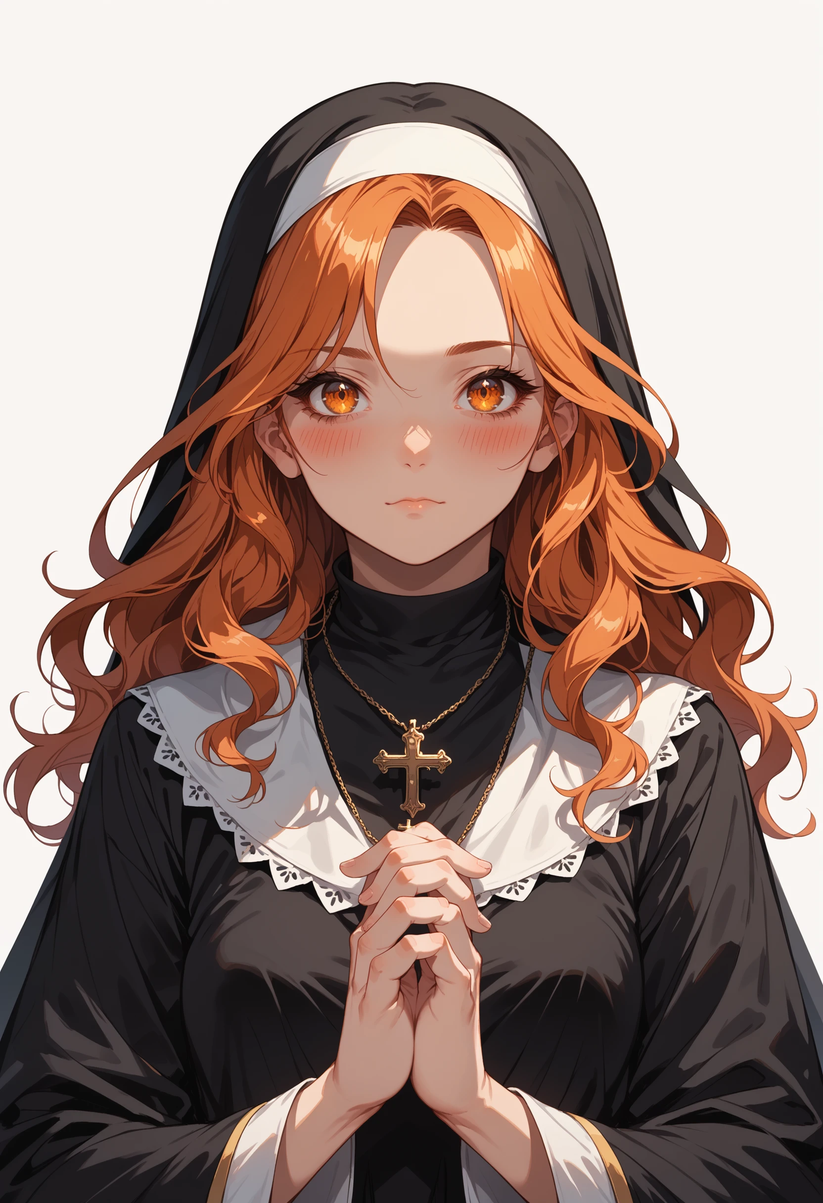 PonyXLV6_Scores BREAK EnD_Irreverant_Nuns, 1girl, solo, long hair, looking at viewer, blush, simple background, long sleeves, white background, dress, jewelry, closed mouth, upper body, wide sleeves, necklace, orange hair, black dress, orange eyes, wavy hair, own hands together, cross, nun, habit, cross necklace, <lora:Irreverent_Nuns:1>