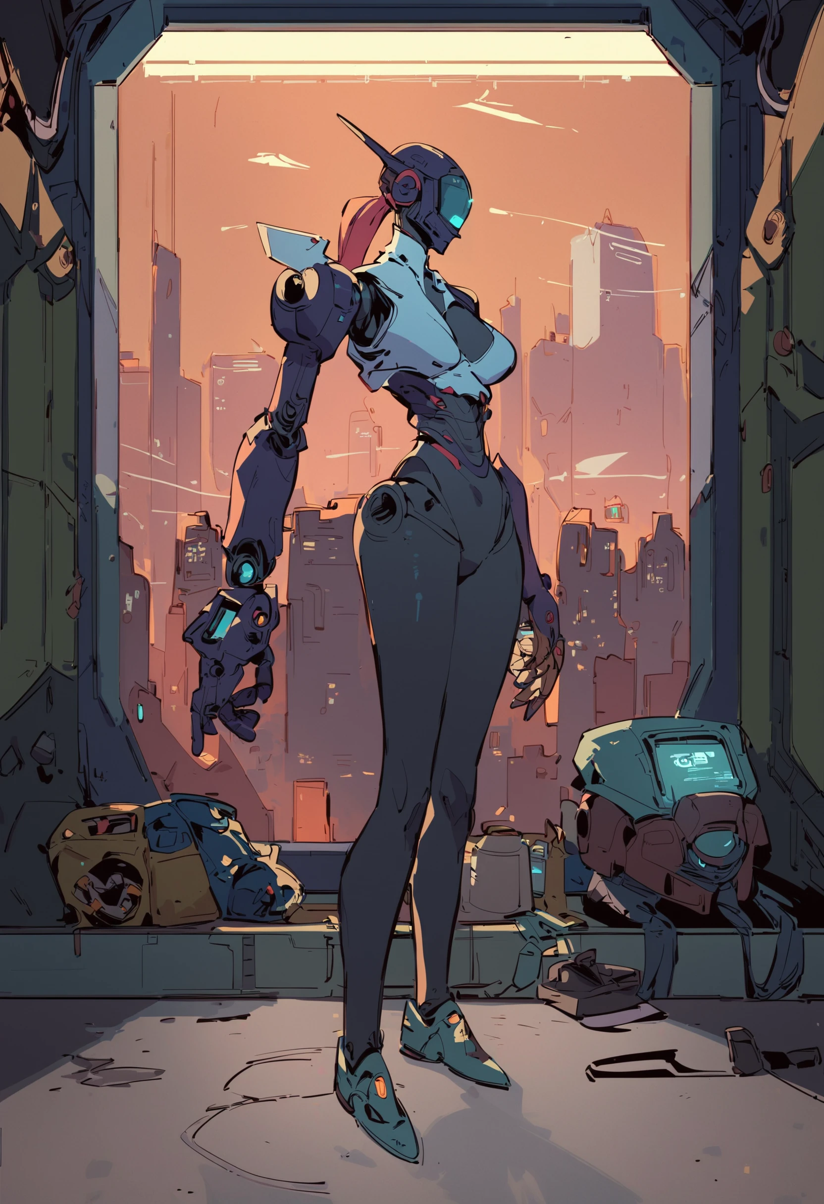 score_9, score_8_up, score_7_up, highly detailed, girl, medium breasts, robot girl, helmet, long pink ponytail, standing, luminescent futuristic screen, window, futuristic city in the background, mechanical hands,
<lora:scav3ngersV4_epoch_1:1> flat color