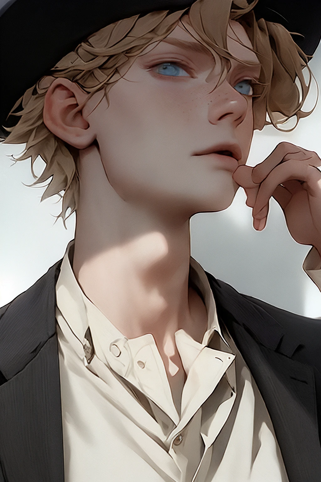 <lora:Krester2.0:0.6> (8k, RAW photo, best quality, masterpiece:1.2), professional lighting, Krester, blond, men with scar on his cheekbone, solo, short hair, brown hair, shirt, 1boy, hat, jacket, upper body, male focus, collared shirt, black jacket, black headwear, scar, looking up, freckles, realistic, horror (theme),