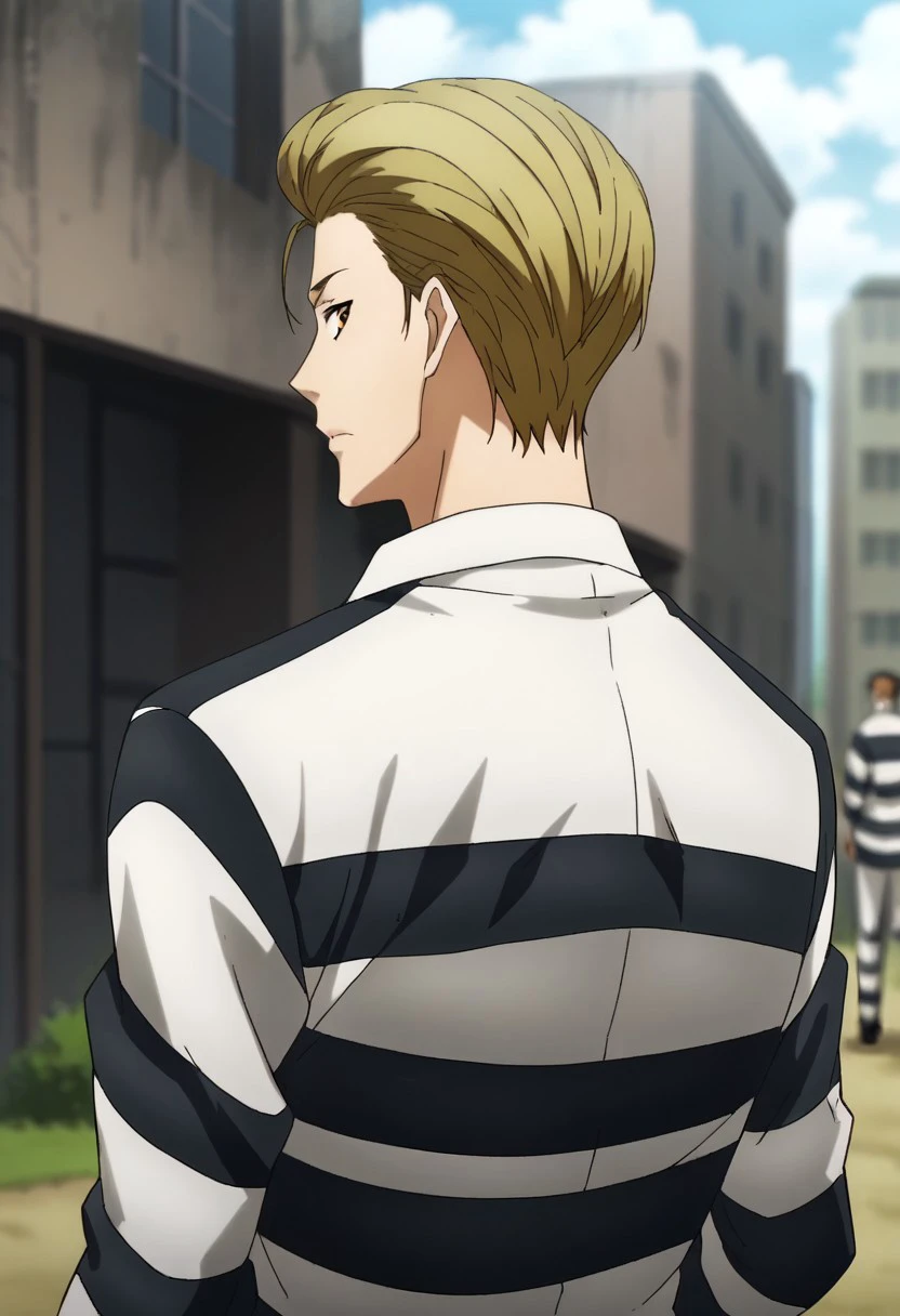 score_9, score_8_up, score_7_up, source_anime, rating_safe, Shinprison, 1boy, male focus, anime screencap, prison wear, collared white striped-shirt, outdoors blurry apocalyptic city, looking back, from behind, maybe he is planning to snitch again who knows