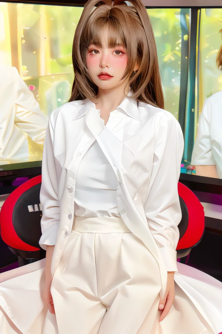 1girl, solo, medium breasts, looking at viewer, realistic, photorealistic, brown hair, brown eyes, lips, bangs,   hyper detailed, super sharp, crisp, smooth, smooth gradients, depth of field, (in studio: 1.1), (white background: 1.1), <lora:nekoyoshi_gametime:1>, <lora:breastsizeslideroffset:-0.25>, <lora:add_detail_v5:1>, (white shirt:1.5)