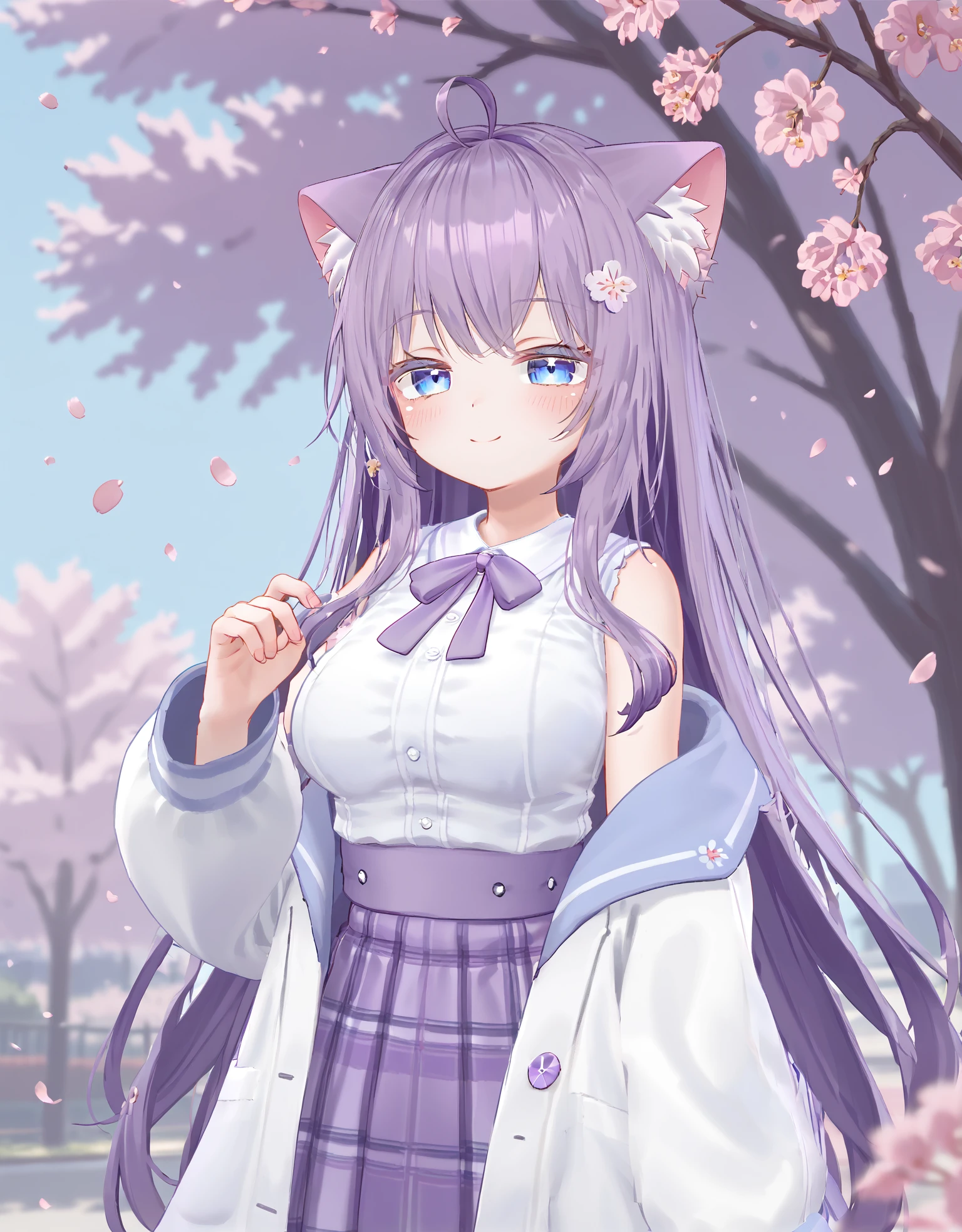 score_9, score_8_up,score_7_up,good_hands,vrchat moe,moe_AA,1girl, solo, thighhighs, purple skirt, jacket, shoes, sleeveless shirt, white shirt,  hair flower, purple bow, upper_body, outdoors, cherry_blossoms, tree, half-closed_eyes, blue_eyes, light_smile, 