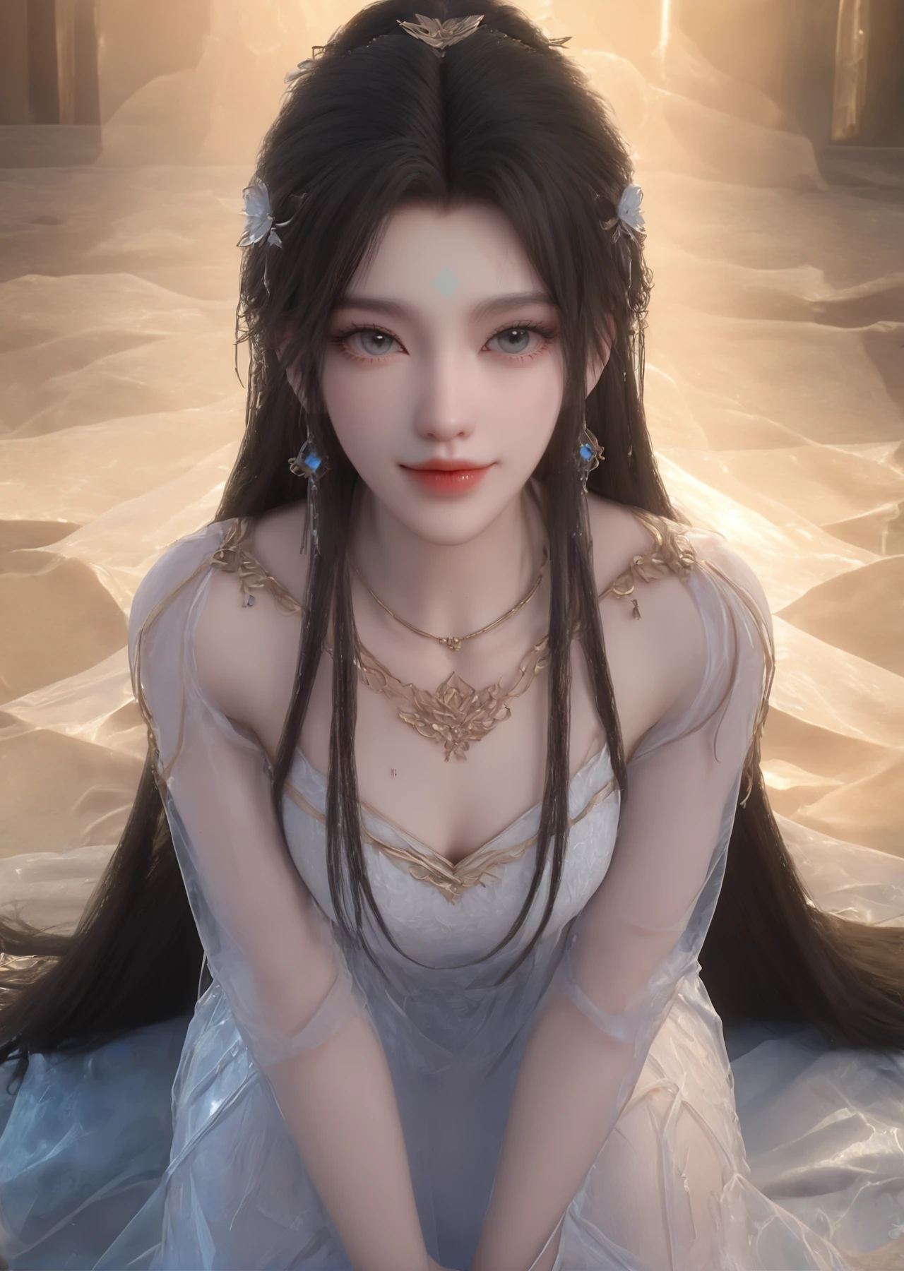 (looking_at_viewer:1.4),full_shot,bent_over,(v_arms:1.2),1girl,solo,dress,hair ornament,portiart,from front,masterpiece,(best quality),official art,extremely detailed cg 8k wallpaper,crystalstexture skin,(extremely delicate and beautiful),solo,realistic,photo_\(medium\),hiqcgbody,chinese background,eye-contact,(smile:0.9),jewelry,<lora:hipoly_3dcg_v7-epoch:0.6>,absurdres,incredibly absurdres,huge filesize,<lora:æ¸æ¼ª_V1-000001:1>,